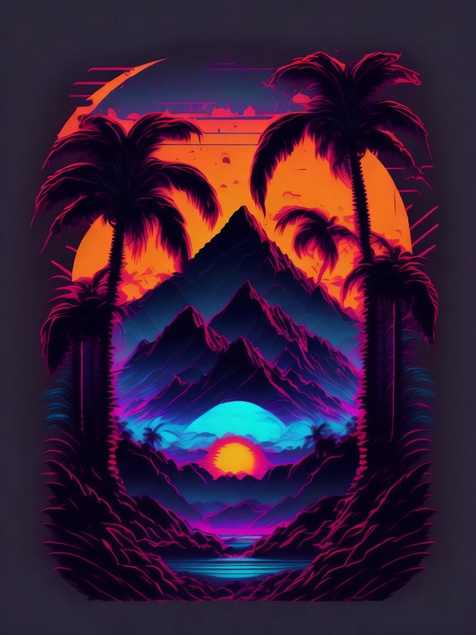mountains, palm trees and sun, vectorized, synthwave, purple blue red orange, bright neon colors on a dark background,