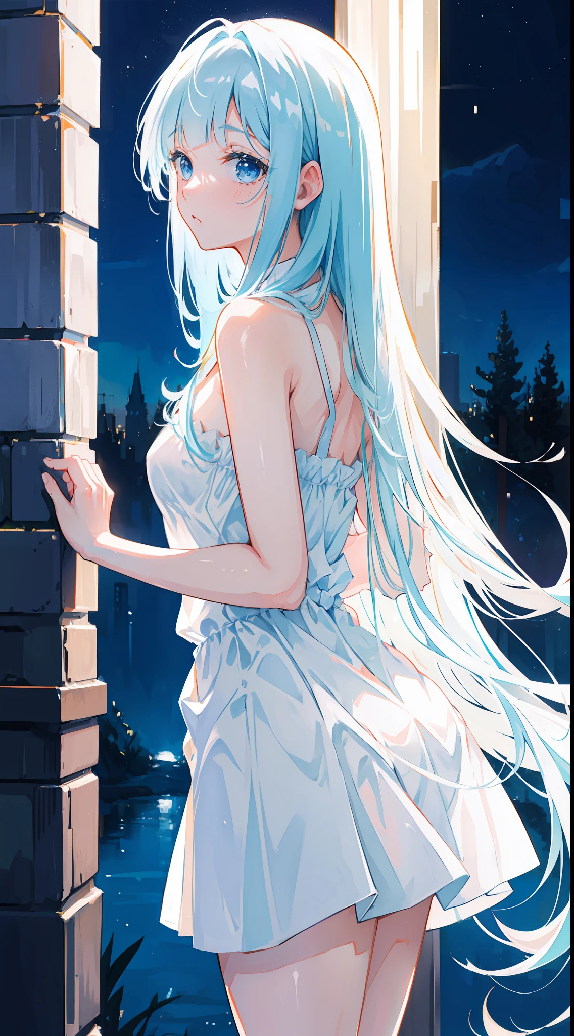 masterpiece, 1girl, (deepthroat),fellatio, blowjob,shy, penis,from side, 1boy, cute, embarassed, femine, delicate,gorgeous, night, cozy, intimate BREAK miwakasumi, light_blue_hair,blunt bangs, long hair,