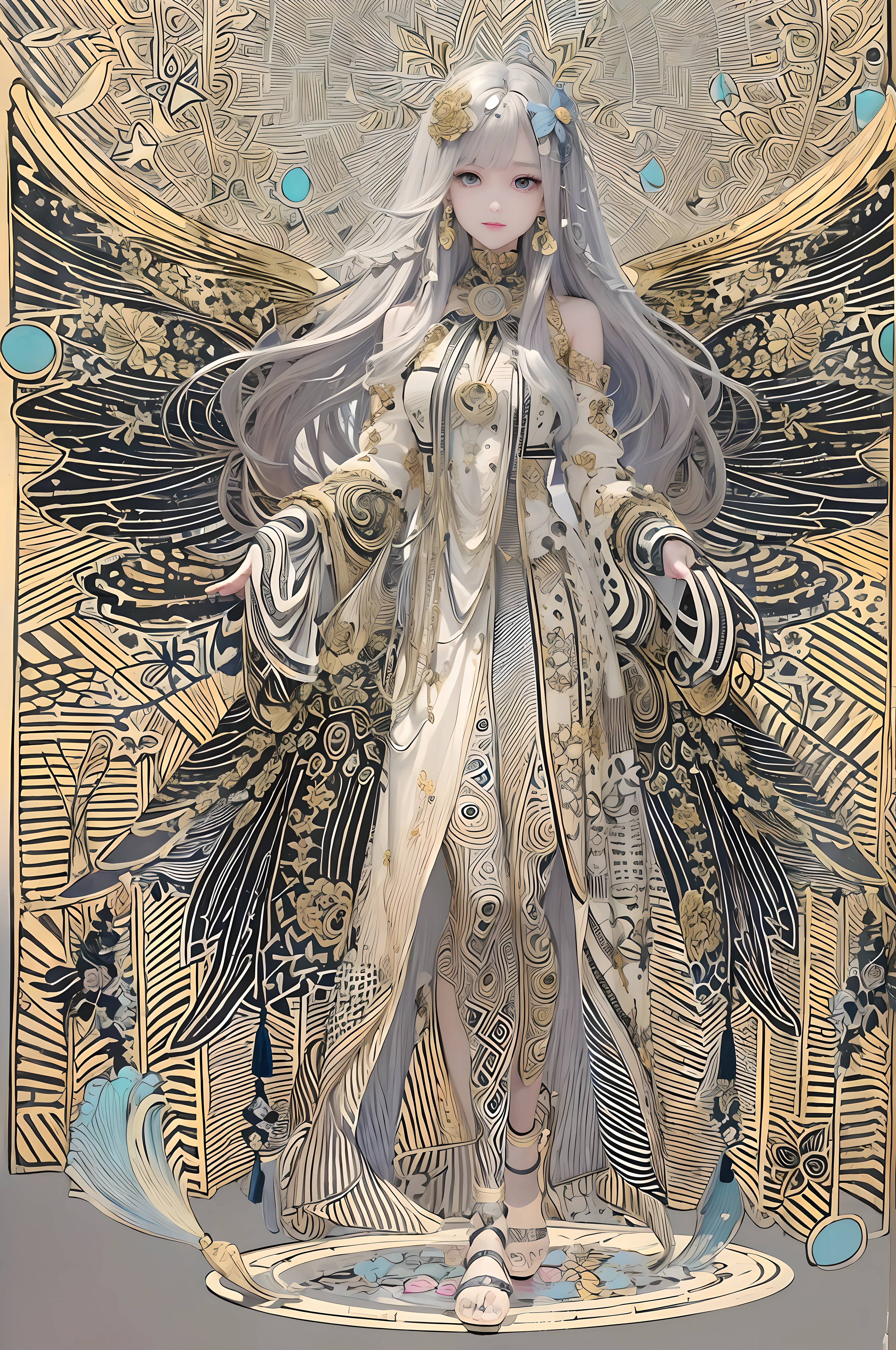 top-quality、​masterpiece、8K、adult  woman、Saint a girl、Golden Eyes、look up to、Hair strands、light skinned、smil、Side braid、Detailed hair strands、A detailed eye、A detailed face、Detailed mouth、Detailed hand、Detailed finger、(Accurate human skeleton)、Slim body、(Eight-headed body)、(the golden ratio:1.2),(Rose graffiti:1.2),(Fault Color:1.3),[(Bai:1.4)::10],(full body Esbian:1.2),(ultra-detailliert:1.3),(a sorceress)、(Canes with a lot of decoration:1.2)、(Glowing spells ring around your body:1.5)、(Magic Activation:1.6)、(Angel wings:1.2)、(fairy wings:1.2)、(Wings of a Fallen Angel:1.1)、full body Esbian、Standing in the air、Complete body、（Cool：1.2）、(Jojo Standing:1.3)、(hyperdetailed face)、(long-haired gray-haired),(butterfly hair ornament),(Floral hair ornament:1.0),((sandal,Locket)),(Cocktail Long Dress:1.0)+(Loose sleeves coat:1.3)+(Floating tassels and ribbons:1.2) ),(Black stockings:1.2),(Colorful ink paper flowers growing from under your feet:1.2),(Sea of colorful flowers:1.3),(Chaotic geometric images:1.3),(Zentangle:1.25),(Geometric pattern:1.25),:0.8),(Drawing board:1.3 )、(Ether Ink Flow:1.3)、(symmetry:1.61)、