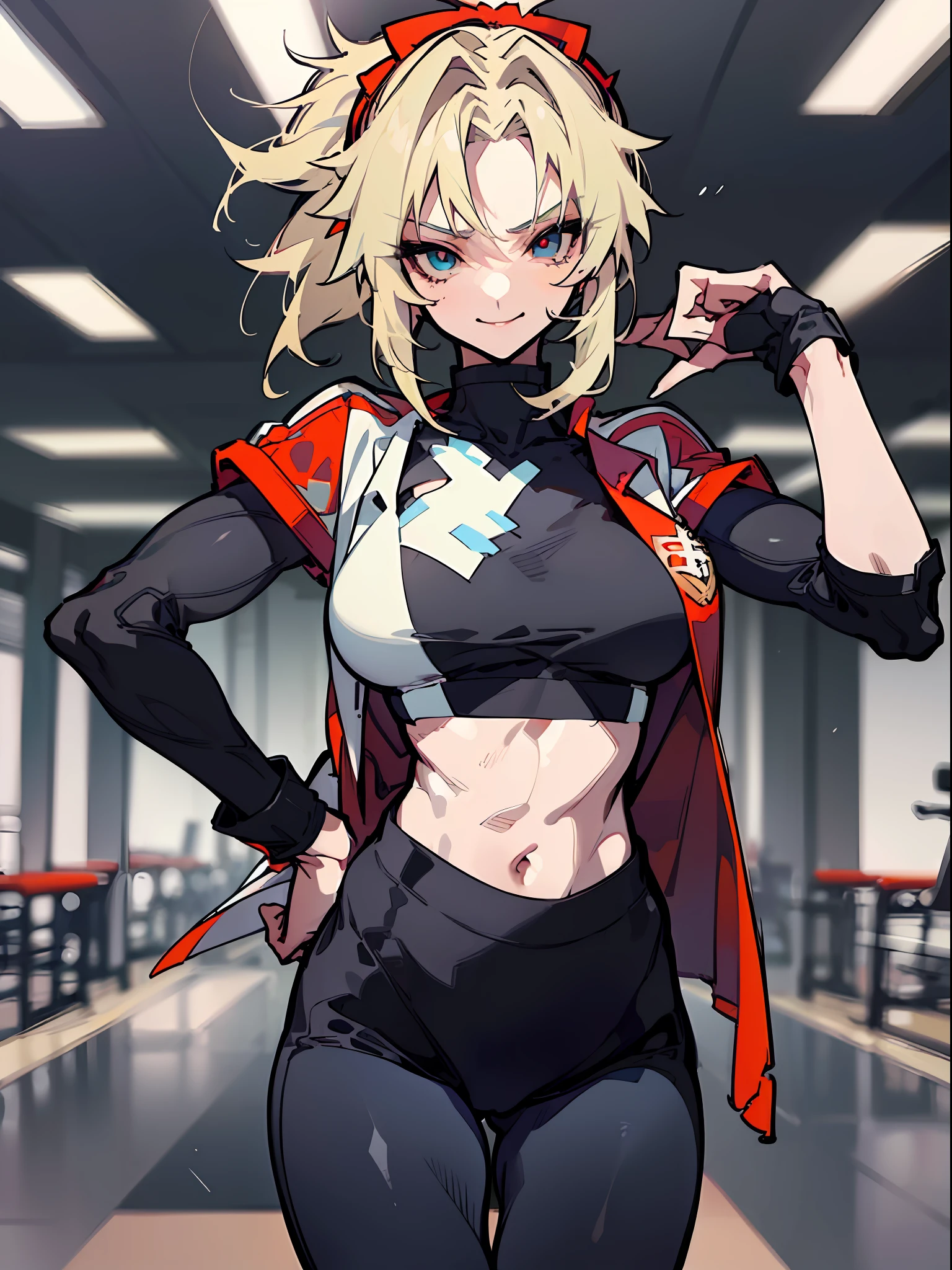 (top-quality、​masterpiece:1.2)、1girl in、Beautiful fece、Beautiful fece、styles、elegent、enticing、A sexy、Beautiful and well-groomed face、beautidful eyes、beautiful hairl、slick skin、Beautiful mouth、smooth legs、Carnal body、((Mordred))Characters of fate,Fashionable with a change of clothes、a blond、Braiding、poneyTail、One hand is on his hip、verd s eyes、((Sports tights、Sportsbra,Sports Leggings))Colossal tits、Big buttocks、femele、 ((Vicious look、Vulgar smile))sports gym