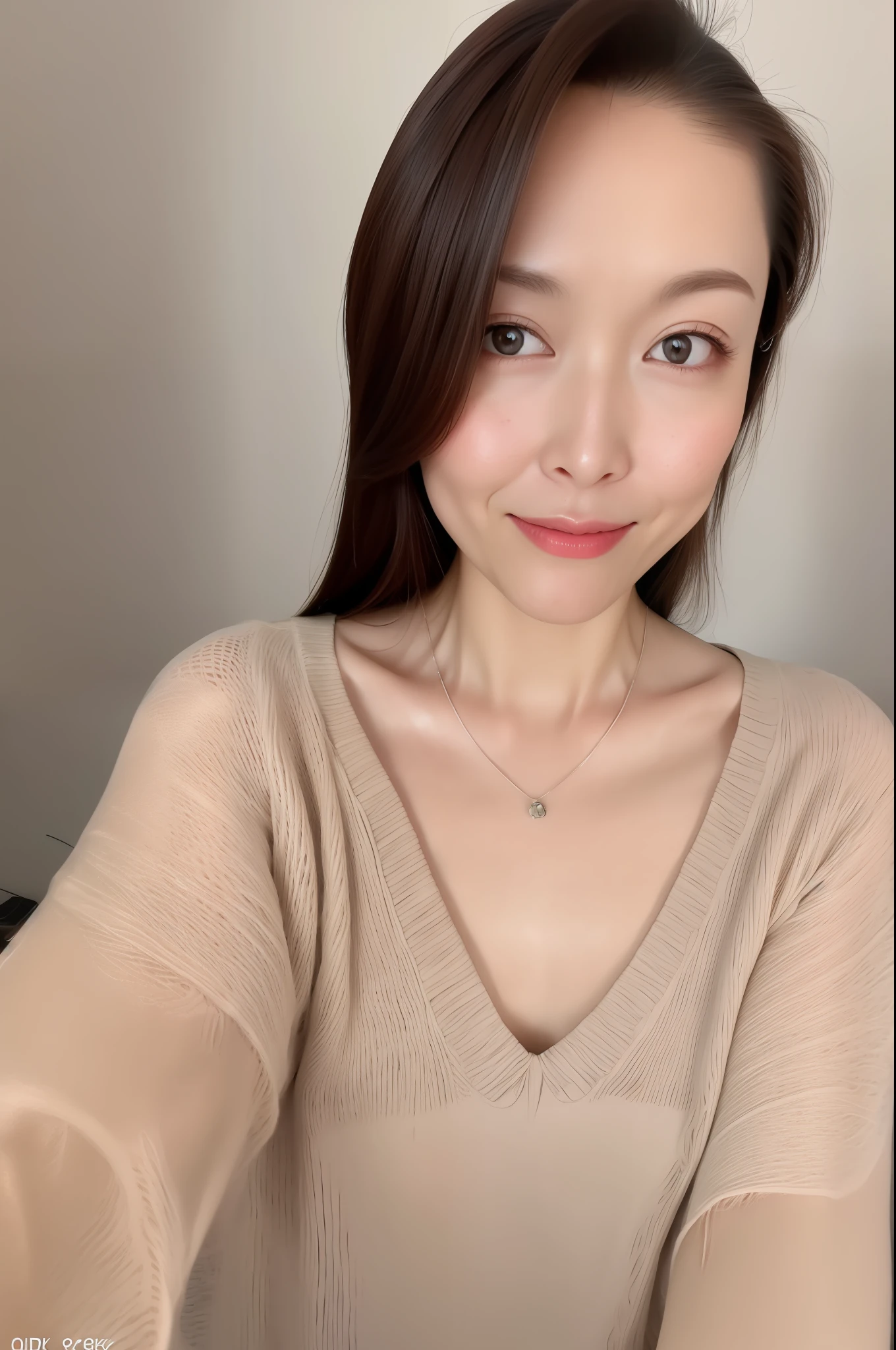 (Best quality, 8k, 32k, Masterpiece, UHD:1.2),Photo of Pretty Japanese woman, large Breasts,upper body,face focus,oversized_sweater, necklace, simple background, from above, looking at viewer,