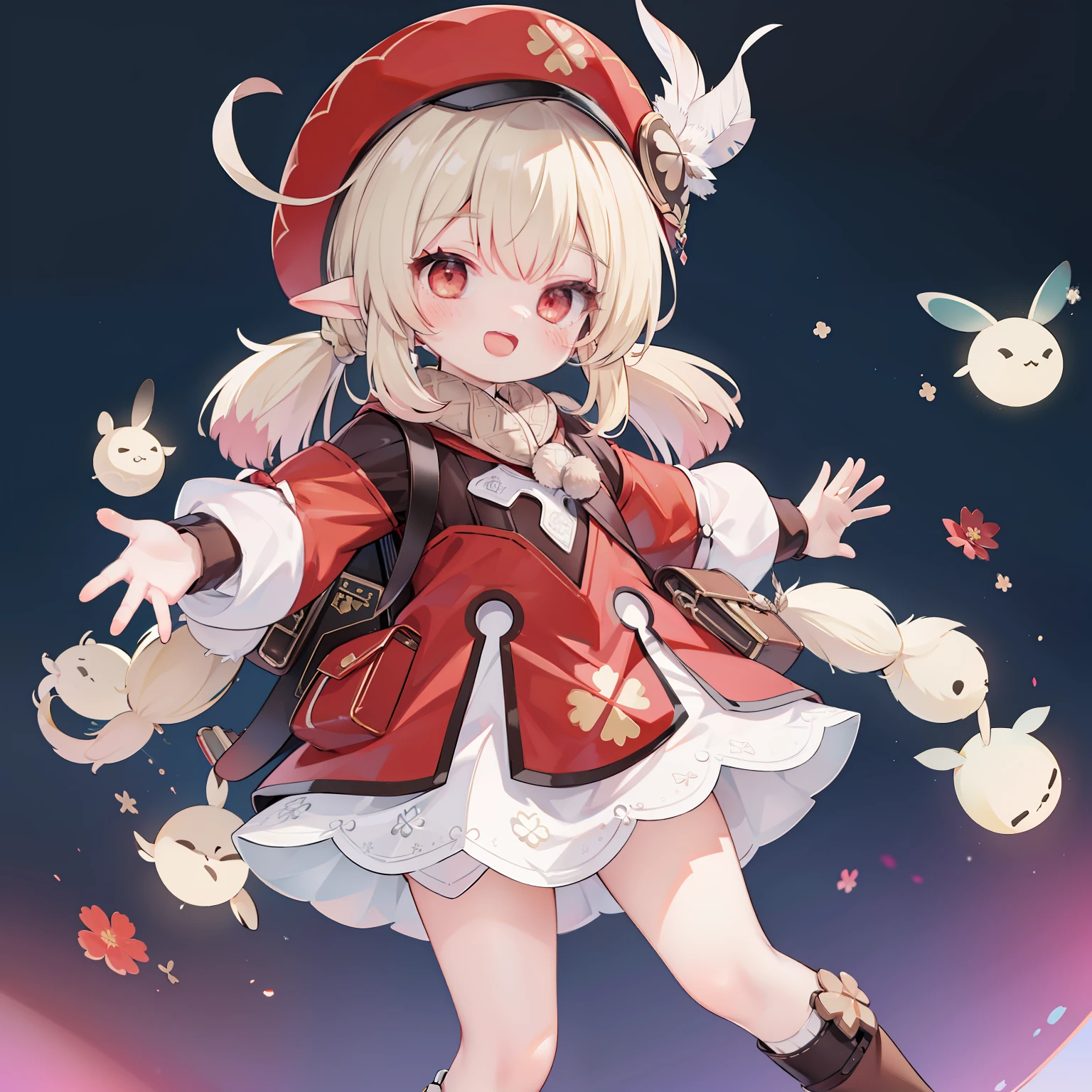 extremely detailed CG unified 8k wallpaper, very fine 8KCG wallpaper, absurderes,Lori ,Best Quality ,ultra-detailliert ,Beautiful face ,masterpiece、masterpiece, top-quality, 1girl in, The girl is standing、masutepiece, Best Quality, 1girl in, explosions, klee (GenshinImpact), hat, Solo, long boots, gloves, red headwear, Smile, Open mouth, backpack, Bag, Looking at Viewer, spreading arms, Twin-tailed, Dress, Long hair, hat feather, Brown Footwear, Long sleeves, Red dress, knee boots, Bangs, Ahoge, pointy ear, Red Eyes, :D, Blonde hair, cabbie hat, sox, low twintails, hair between eye, knee high, Feathers, Brown gloves, Dodoko (GenshinImpact), White feathers, upper teeth only, tusk, side locks, a school bag, scarf
