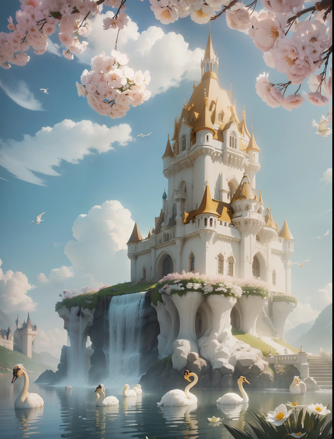 Flowers like castles from a golden spring tower over a beautiful Lady fare, in the spring of eternal youth she bathes her alabaster form to a symphony of trumpeter swans the flay in the sunbeam shy of assure and cotton cloud A extreme 90 meters long shot octane render, high quality hyperdetailed 24k photorealistic