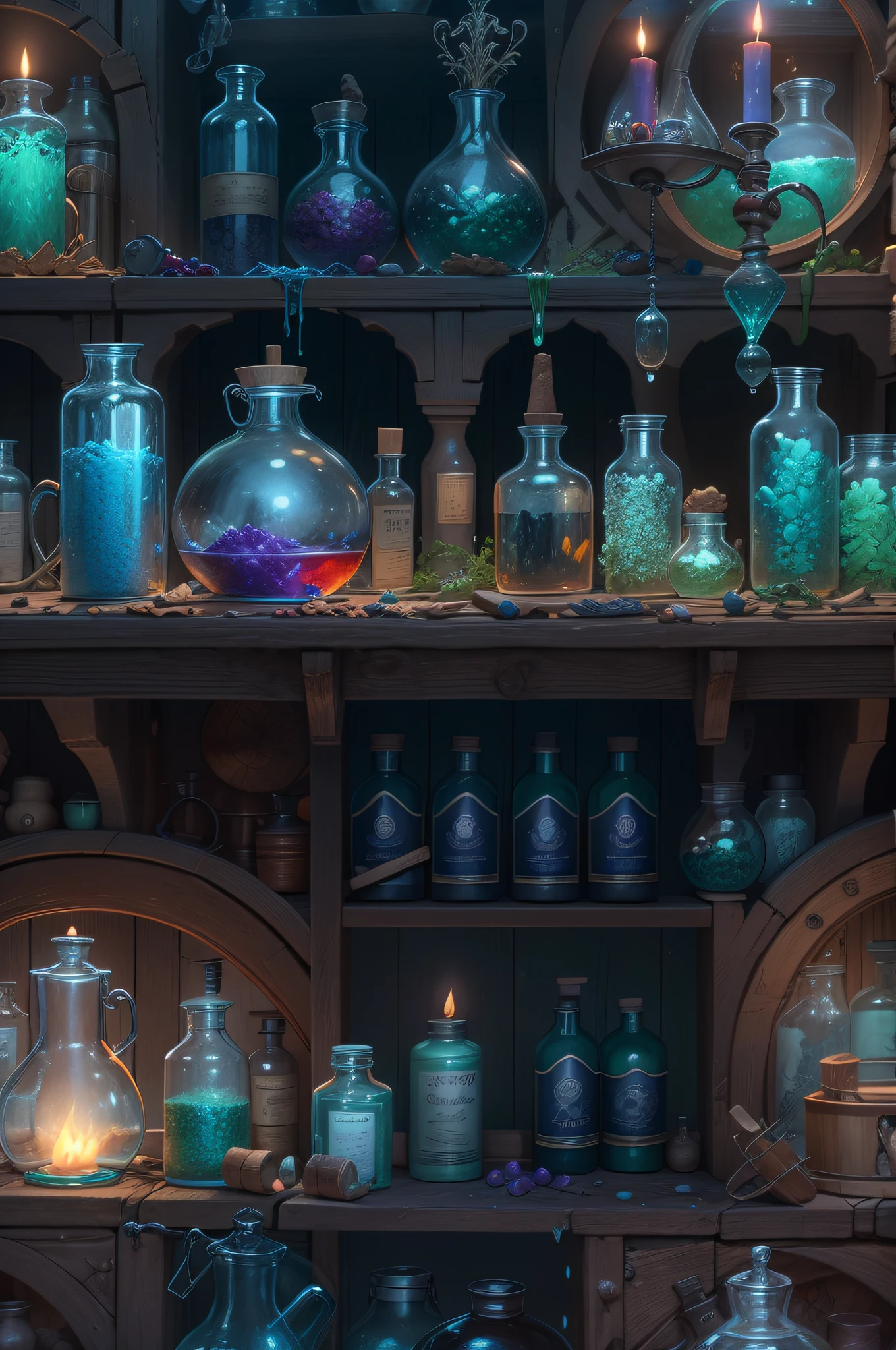 a glass bottle with a bright light blue liquid inside it, magic laboratory environment, healing potion, magic laboratory background, dark room with large windows overlooking an orchard, gothic interior, gothic revival, gothic building style, architecture Inspiring Gothic, Gothic Mansion. candle lights all around. Fantasy alchemists lab, painting a health potion, making potions, witch hut, magic potions, wizards lab, potion, alchemy lab, magic potions, alchemical equipment, mystery lab, 32K PhotoRender RealityEngine, hdr