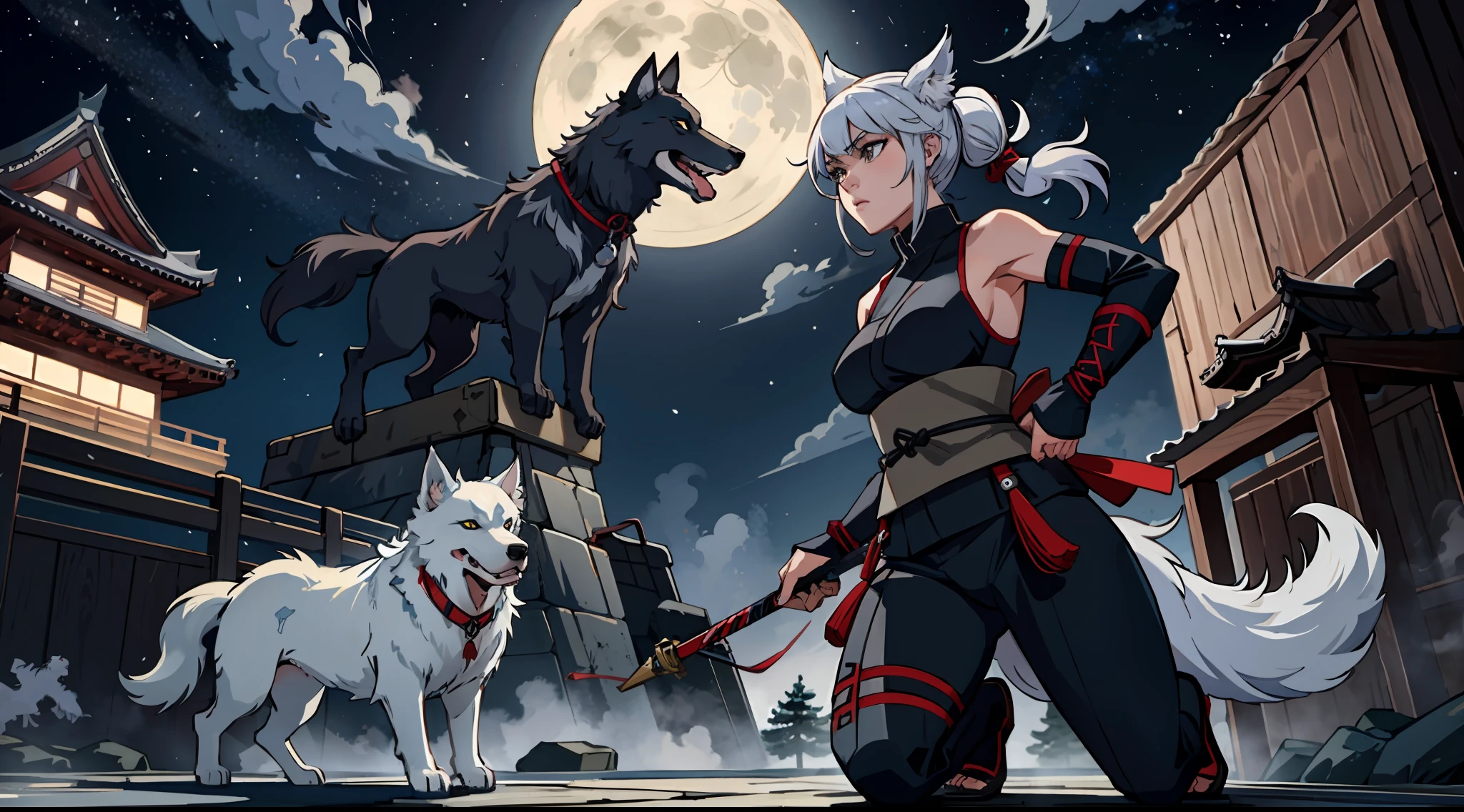 a skilled white ninja woman is walking on a Japanese castle roof silently with his gray wolf dog companion, 1 ninja woman, 1 gray wolf dog Night, Clear sky, Stars, full moon, high-resolution, ultra definition, masterpiece, 8k, intricate details, volumetric lighting, compositing dynamic, 2D anime style