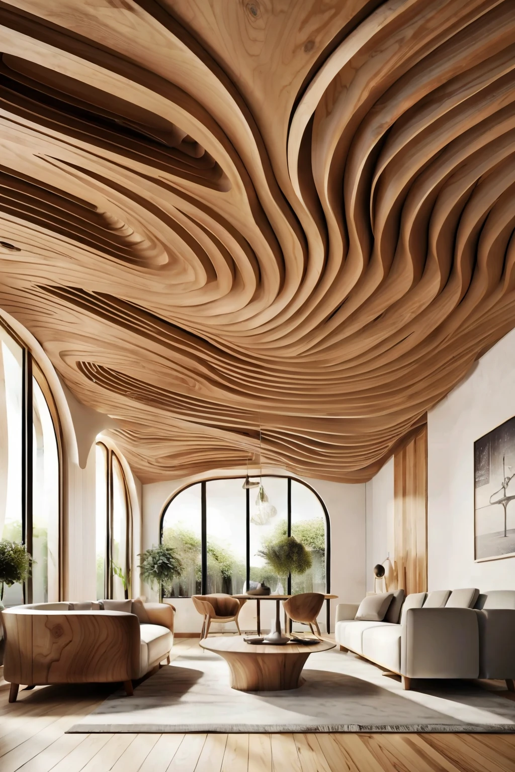 Large hall with wooden wavy ceiling(photographrealistic:1.2)Chaos of driftwood