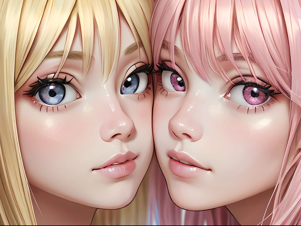 2girls, blonde and pink hair, Extreme Close-up focus, (masterpiece), (best quality), (max detail:0.8),
