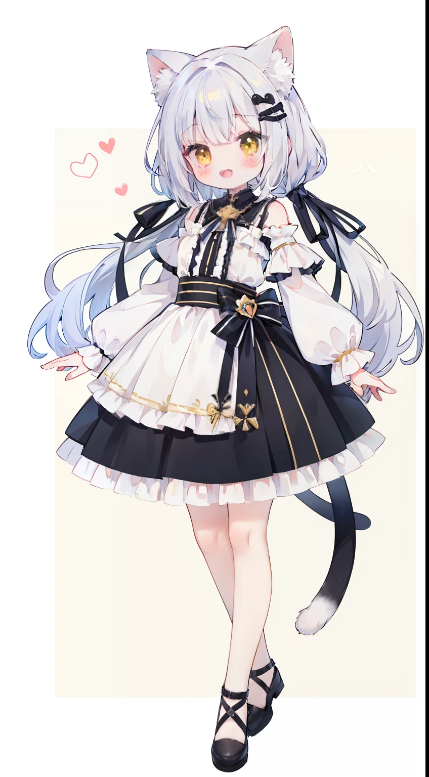 （（（（Cat has no ears）））、Standing picture、full body Esbian、cute little、​masterpiece、top-quality、Top image quality、white  hair、black ribbon on the head、Twin-tailed、yellow  eyes、Shoulder-length clothing、A smile、Laugh、double tooth、