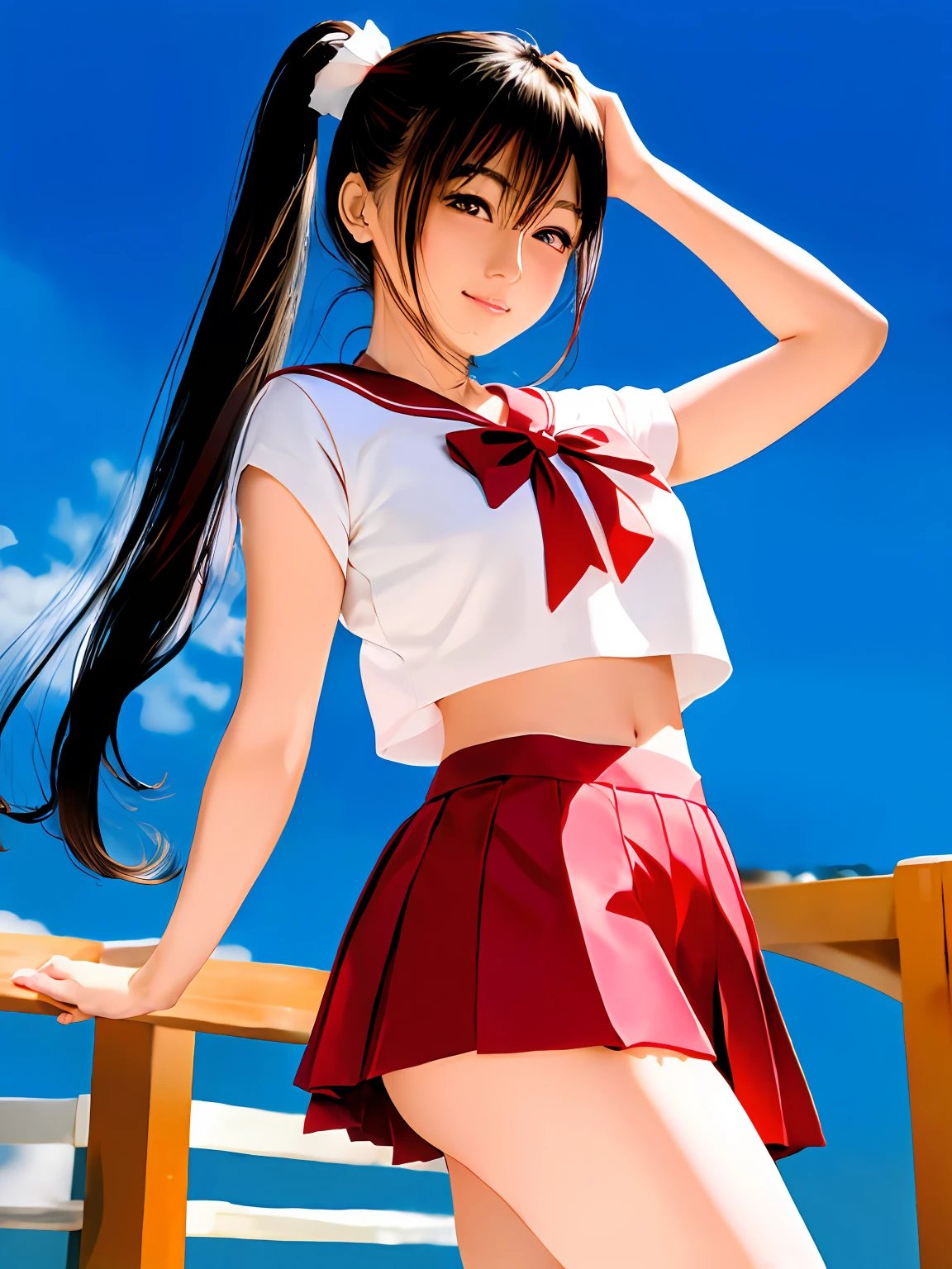Japan woman in Sailor Mars costume poses for photo, beautiful flaxen hair、poneyTail、Ultra mini skirt、camel's toe、Beautiful、beautiful thigh、Beautiful upper arms、Beautiful belly button、Anime girl cosplay, Anime Cosplay, cosplay foto, professional cosplay, realistic cosplay, Cosplay, Sailor Uniform, real life anime girl, full-cosplay, Sailor Moon Style, cosplayer, by Sailor Moon, Ayaka Cosplay, publicity cosplay, sailormoon. Beautiful, loose coat collar sailor uniform