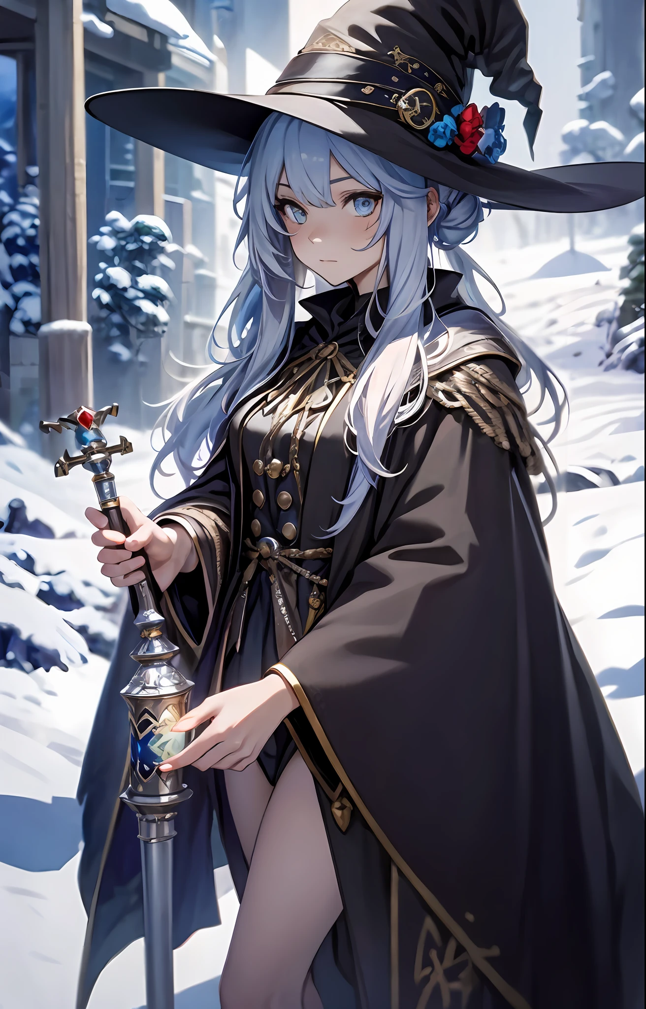 best qualityer,tmasterpiece,Ultimate resolution,downy,Extremely colorful,Colorful,The Witch,Long silver-blue hair,hair-bun,a matural female,Witch robes,Magic Hat,sceptre,snow country,Lost snow,Normal posture
