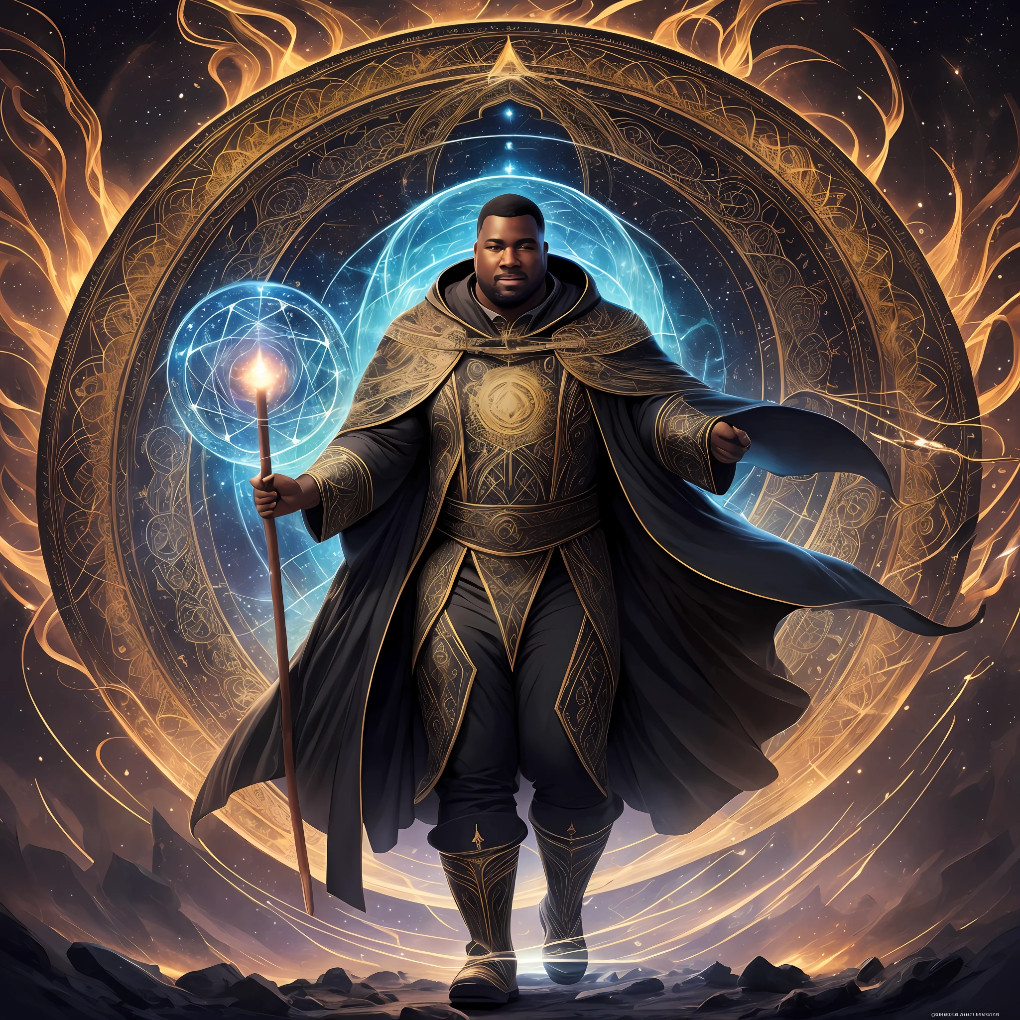 a black human man sorcerer, fat, with an overcoat, full body COVERED, looking at the viewer, symmetrical, slight smile, with a twisted wooden staff, emanating magic, spiritual awakening, intricate details, cosmic, ethereal, mystical, complicated environment, brushstrokes, illuminating lights, masterpiece, ultra high resolution, high quality --auto --s2