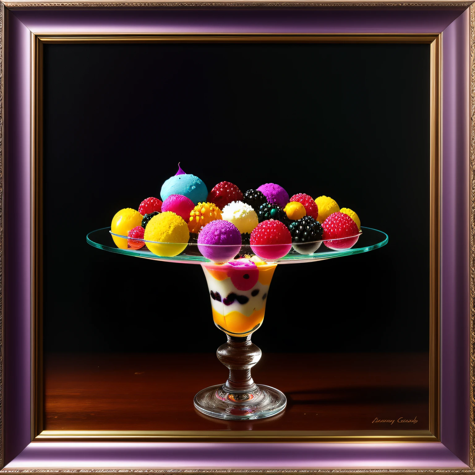 colorful flowers on table,
knickerbocker glory, tall thin glass, colorful ice cream, purple ice cream, raspberries, couli, blueberries, chopped chocolate, icing sugar,  intricate, oil on canvas, masterpiece, expert, insanely detailed, 4k resolution, splash art, concept art, composition, framing, delicate features,