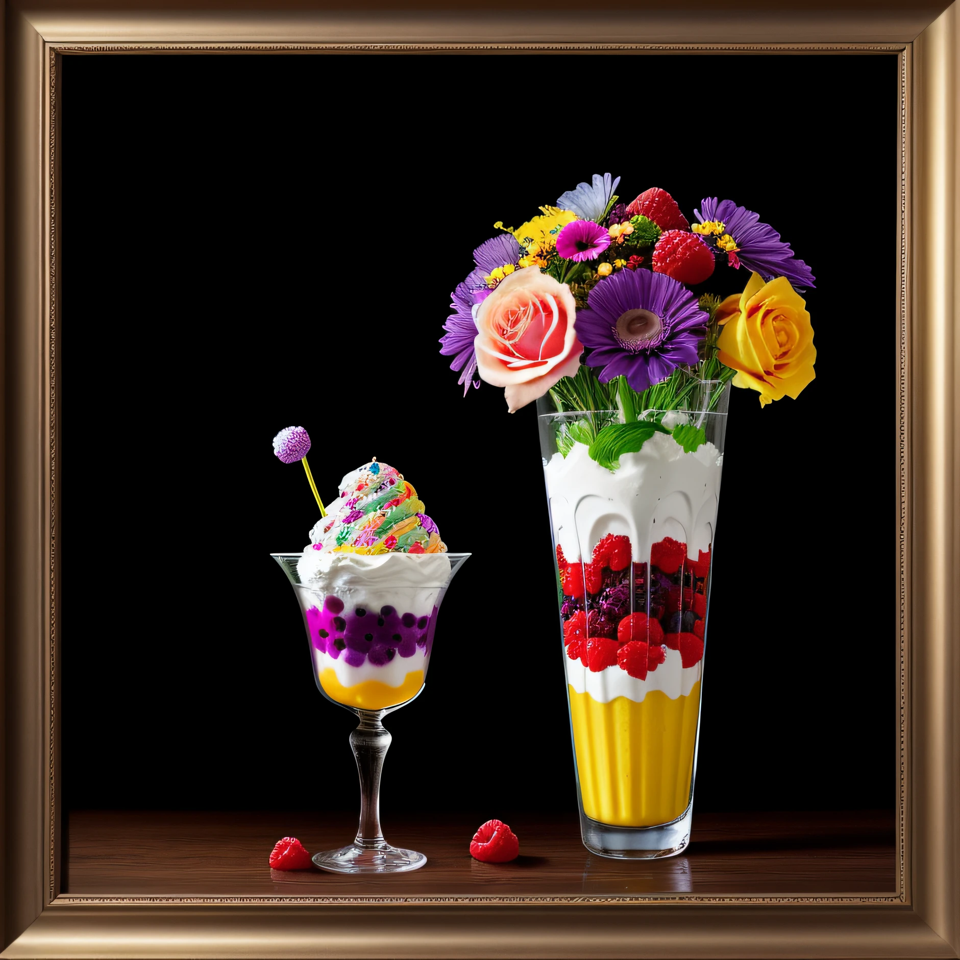 colorful flowers on table,
knickerbocker glory, tall thin glass, colorful ice cream, purple ice cream, raspberries, couli, blueberries, chopped chocolate, icing sugar, intricate, oil on canvas, masterpiece, expert, insanely detailed, 4k resolution, splash art, concept art, composition, framing, delicate features,