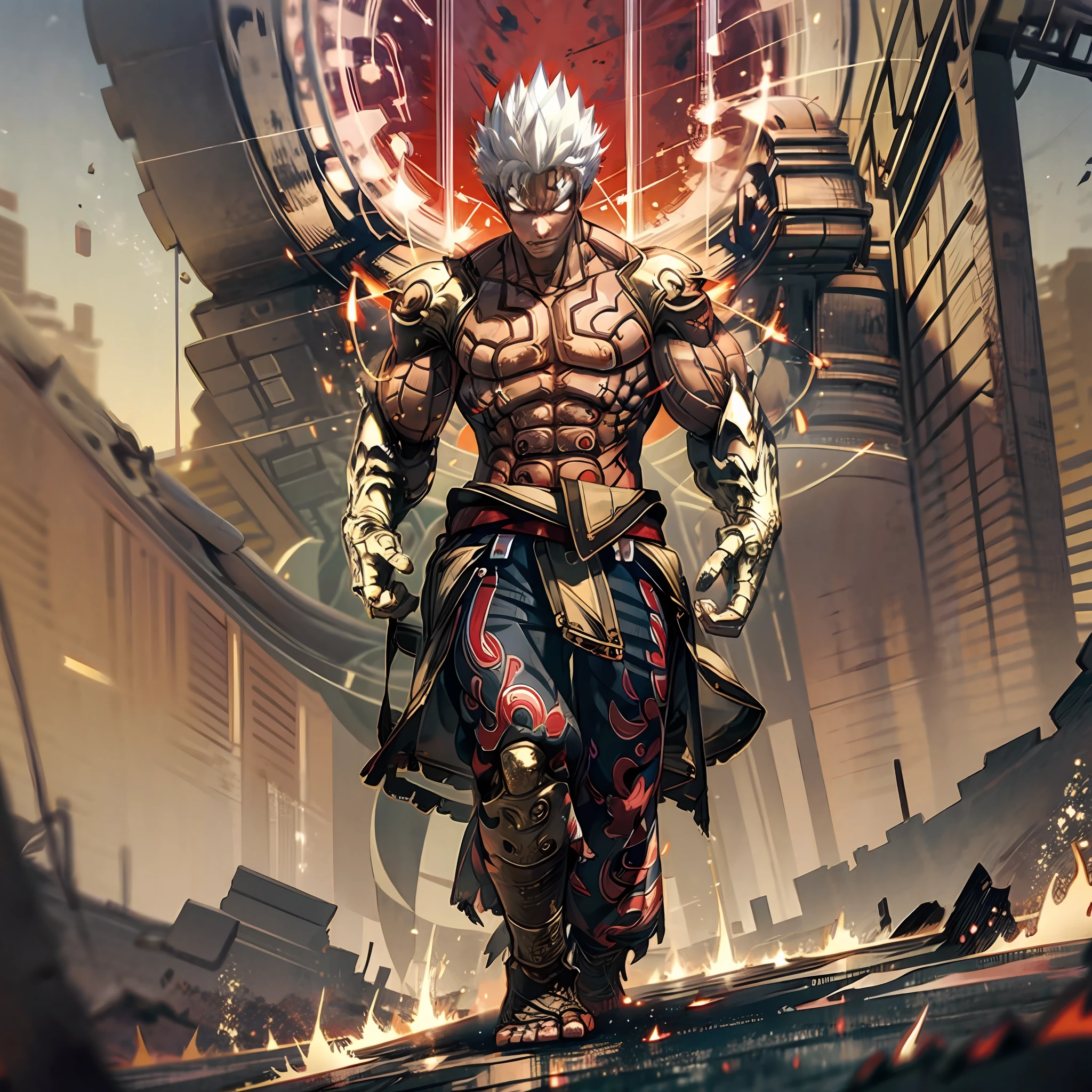 (Full Body, 1boy, solo), Anime, Asura, white hair, short spiky hair, red Aura, destroyed ground, red outlines on the body, perfect hands, close up shot, muscular athletic body, serious face, mantra, highest quality digital art, Stunning art, wallpaper 4k, 8k, 64k, HD, unparalleled masterpiece, dynamic lighting, cinematic, epic