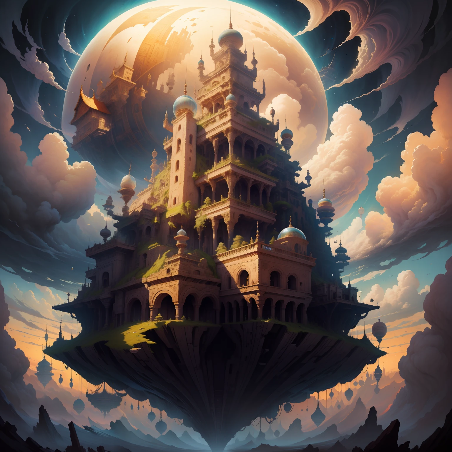 illustration，tmasterpiece，Ancient complex floating in the sky；
