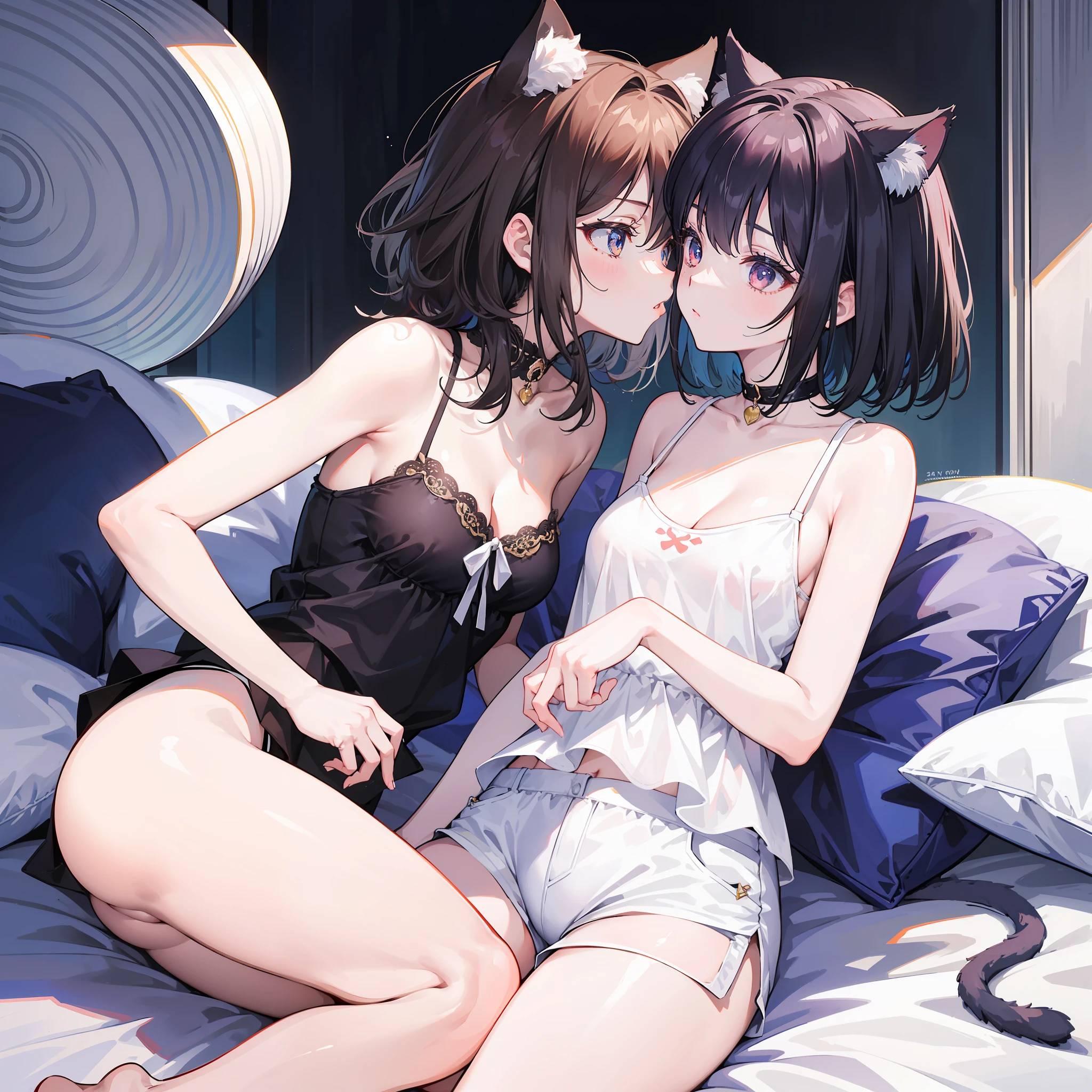 （Best quality)，（Detailed), (2girls),Kizi，There are cat ears on the top of the head，short detailed hair，brunette color hair，Medium breasts，Small camisole white vest，short white pants，Bare legged，kiss