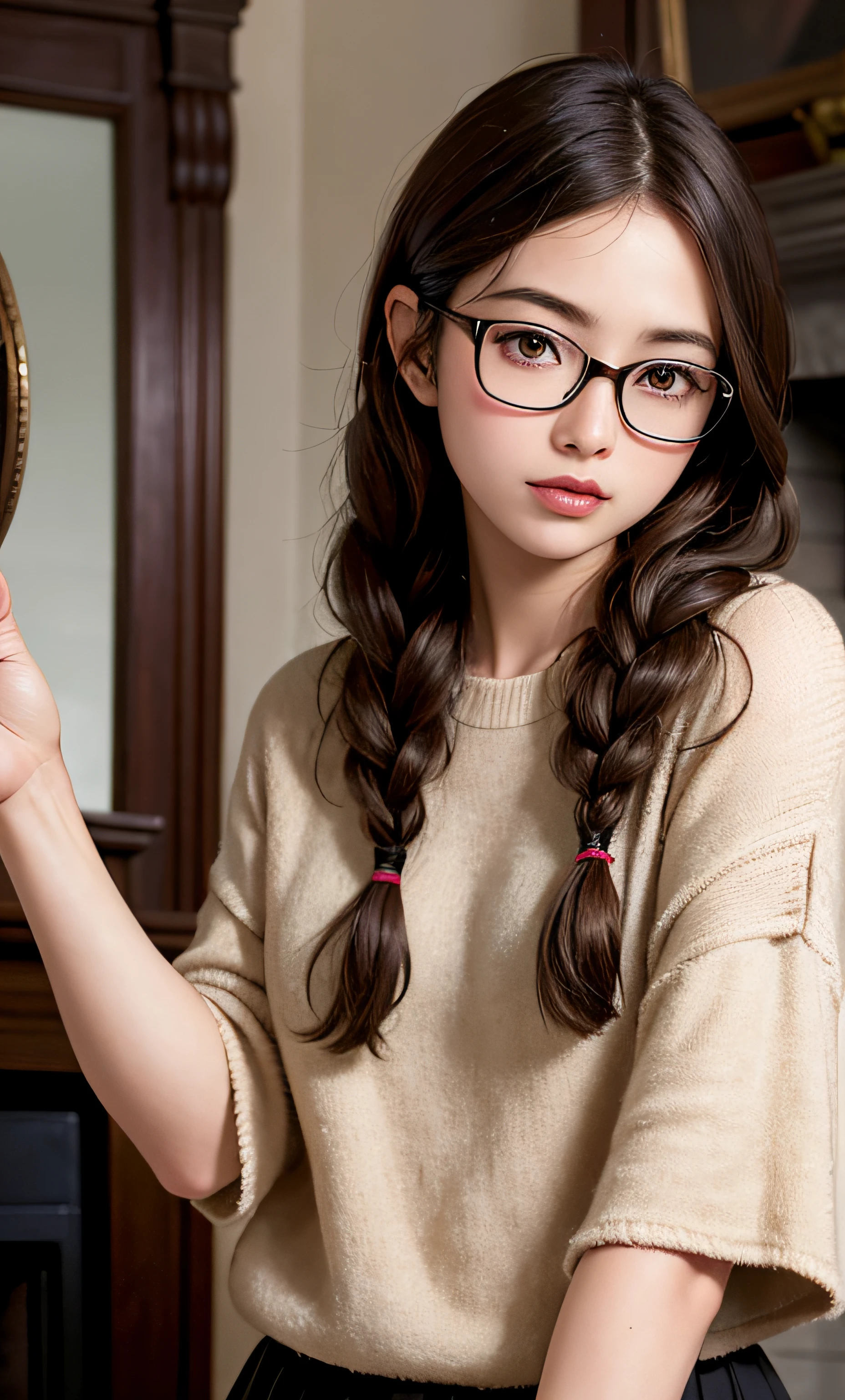 masterpiece, best quality, solo, 1girl, photorealistic, chestnut brown hair, brown eyes, double braided hair, glasses, rent a girlfriend (series), Chizuru Ichinose, kanojo okarishimasu (series), {{{{{{{mizuhara chizuru}}}}}}}, masterpiece portrait, croquetting a blanket in front of a fireplace, caustics, textile shading, high resolution illustration