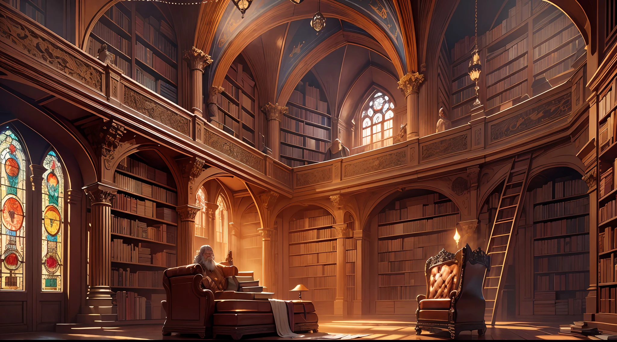 Magnificent digital illustration of a colossal fantasy library filled with infinite bookcases and volumes. Aged wooden shelves soar stories high, crammed with ancient leatherbound books and elaborate scrolls. Golden rays of sunlight stream through a grand stained glass window, lighting up floating dust particles in the air. A lone wizard scans titles, his robes and long white beard waving gently. The intricate scene conveys a mood of mystery, knowledge and timelessness. Realistic textures show worn leather, metal embellishments and vine covered walls. The overall color palette is rich, earthy and cozy.