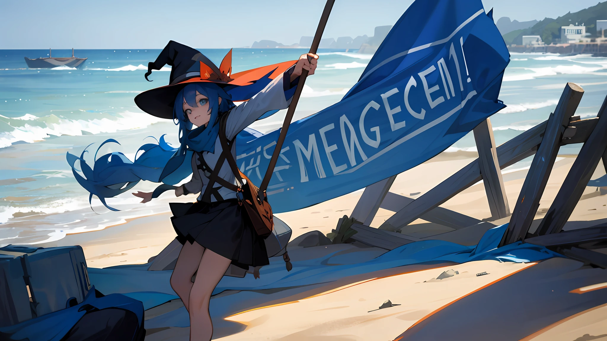 A blue-haired girl wearing a witch's hat holds up a banner on the beach,It reads "Ling Han Free Chaos Memory"