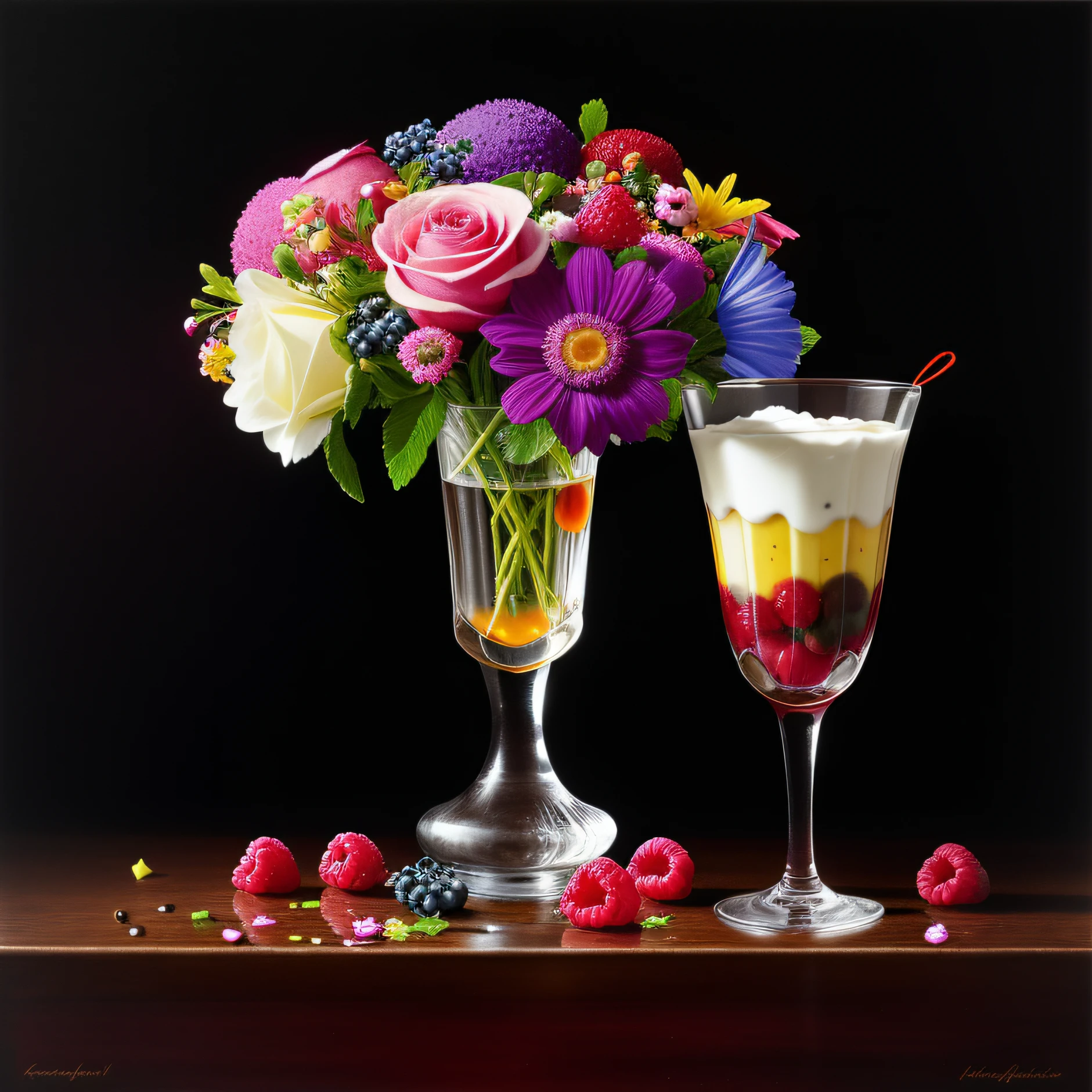 colorful flowers on table,
knickerbocker glory, tall thin glass, colorful ice cream, purple ice cream, raspberries, couli, blueberries, chopped chocolate, icing sugar, intricate, oil on canvas, masterpiece, expert, insanely detailed, 4k resolution, splash art, concept art, composition, framing, delicate features,