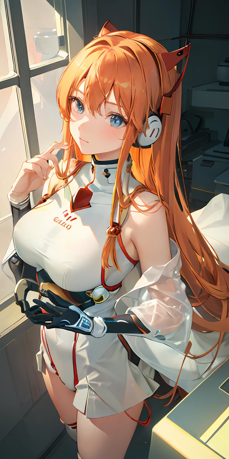 (Overhead view),dynamic angle,ultra-detailed, illustration, close-up, straight on, 1girl, 
 ((souryuu asuka langley, interface headset, red bodysuit:1.4, blonde)),Her eyes shone like dreamy stars,(glowing eyes:1.233),(beautiful and detailed eyes:1.1),(expressionless,closed mouth),(standing), 
(mechanic room with toolsand spaceship windowin a white SPACESHIP),
(night:1.2),dreamy, [[delicate fingers and hands:0.55]::0.85],(detail fingers),