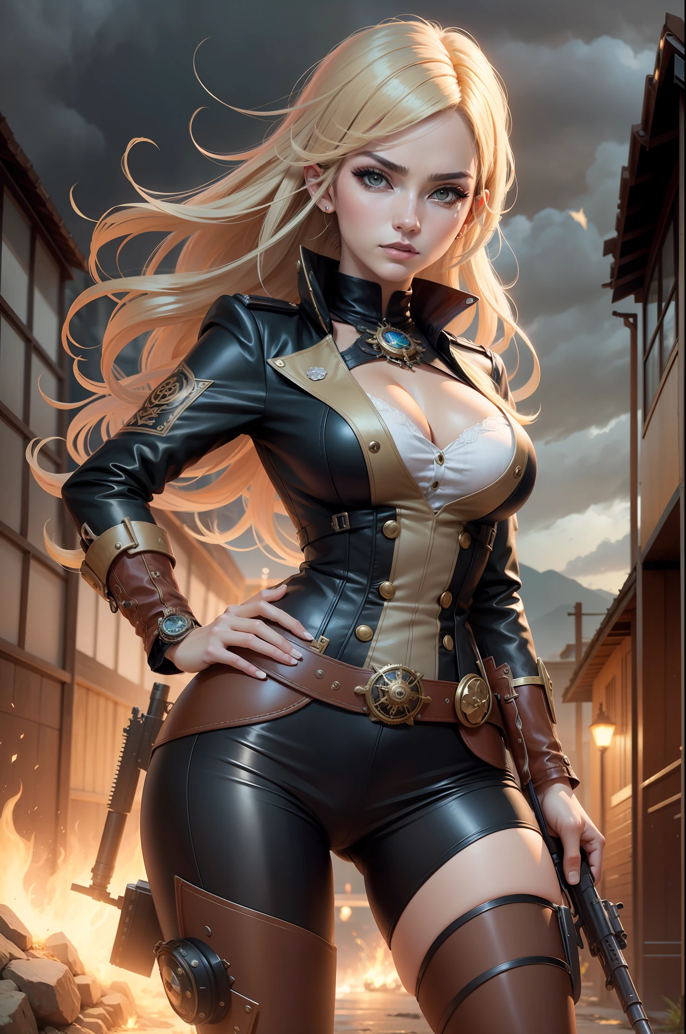 Mulher, Estilo anime, Genshin Impact, Cabelos Loiros, estilo steampunk, usando guarda-chuva de arma, voando, pose de batalha, Navia