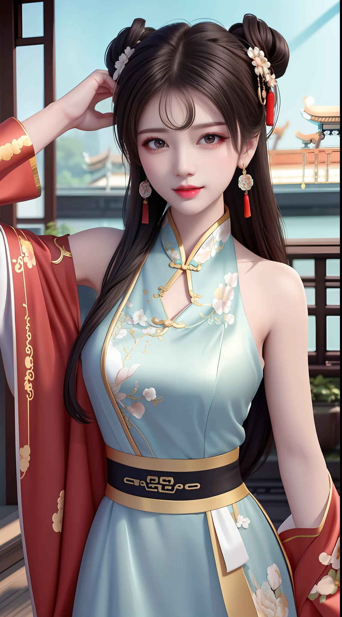 Need,tmasterpiece,A high resolution,1girll,Blushlush,(Seductive smile:0.8),starpupil,Chinese shoulder suction red Hanfu,hair adornments,choker necklace,trinkets,beautfully face,On_Body,Tindal effect,Lifelike,Shadow room,Light edges,Two-tone lighting，（highdetailskin：1.2），8K Ultra HD，Slr，softlighting，high high quality，Volumetriclighting，Candid camera，photore，A high resolution，4K，8K，Antique bust photo in the background: A girl about 22 years old，Perfectcomposition，Precise and perfect human anatomy，Golden ratio creation，Surreal and realistic。Detailed skin details，White skin of the，shiny skin，Creamy glowing skin，Skin that is white and red。Exquisite depiction of facial features，Perfect makeup，Detailed depiction of the face，Clean and flawless face。A sweet smile，Smile without showing your teeth。Extremely detailed depiction of hair，Long black hair，Hair coiled，tying  hair，High bun，The wind blew away the hair。Eyebrows upturned，long eyelasher，二重まぶた。Affectionate eyes，Big bright eyes，Sweet with lying silkworms。High nose bridge。Thin lips，Pink lip gloss，Straight teeth。Delicate collarbones。Delicate pendant，Ear ring。Perfect tall figure，Get it all together，Long legs and thin waist，Skinny beauty，Can't be too thin。Straight chest，medium boob。Keep your head up and your chest up，Look ahead，Face the lens，Stand。Ancient architectural background(((Chinese style new Chinese ink floral dress)))，half-body photo，Kizi，mid hair，Hair over the shoulder，Clear eyes，Smooth hair，Exquisite and perfect facial features，the most beautiful big eyes，Long eyelashes，The eyes are sweet and there are lying silkworms，dynamic angle，Extreme image quality，Highest accuracy，Precise and perfect human body，Works of masters，HighestQuali，mid hair，Hair over the shoulder，Tattooed，brunette color hair，double bun hair，shift dresses，Ear ring，hair adornments，jewely，korean clothes，putting makeup on，photore（curly），standing on your feet，Upp，Facing the viewer，Hyper-Resolution，hyper HD，Optimal quality，Bend long eyelashes，shiny lip，busts