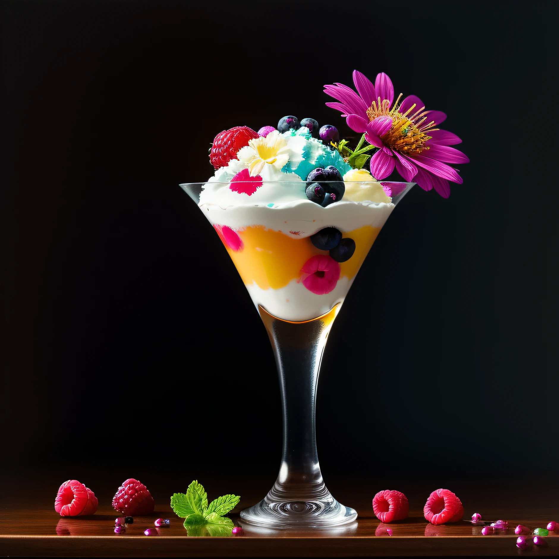 colorful flowers on table,
knickerbocker glory, tall thin glass, colorful ice cream, purple ice cream, raspberries, couli, blueberries, chopped chocolate, icing sugar,  intricate, oil on canvas, masterpiece, expert, insanely detailed, 4k resolution, splash art, concept art, composition, framing, delicate features,