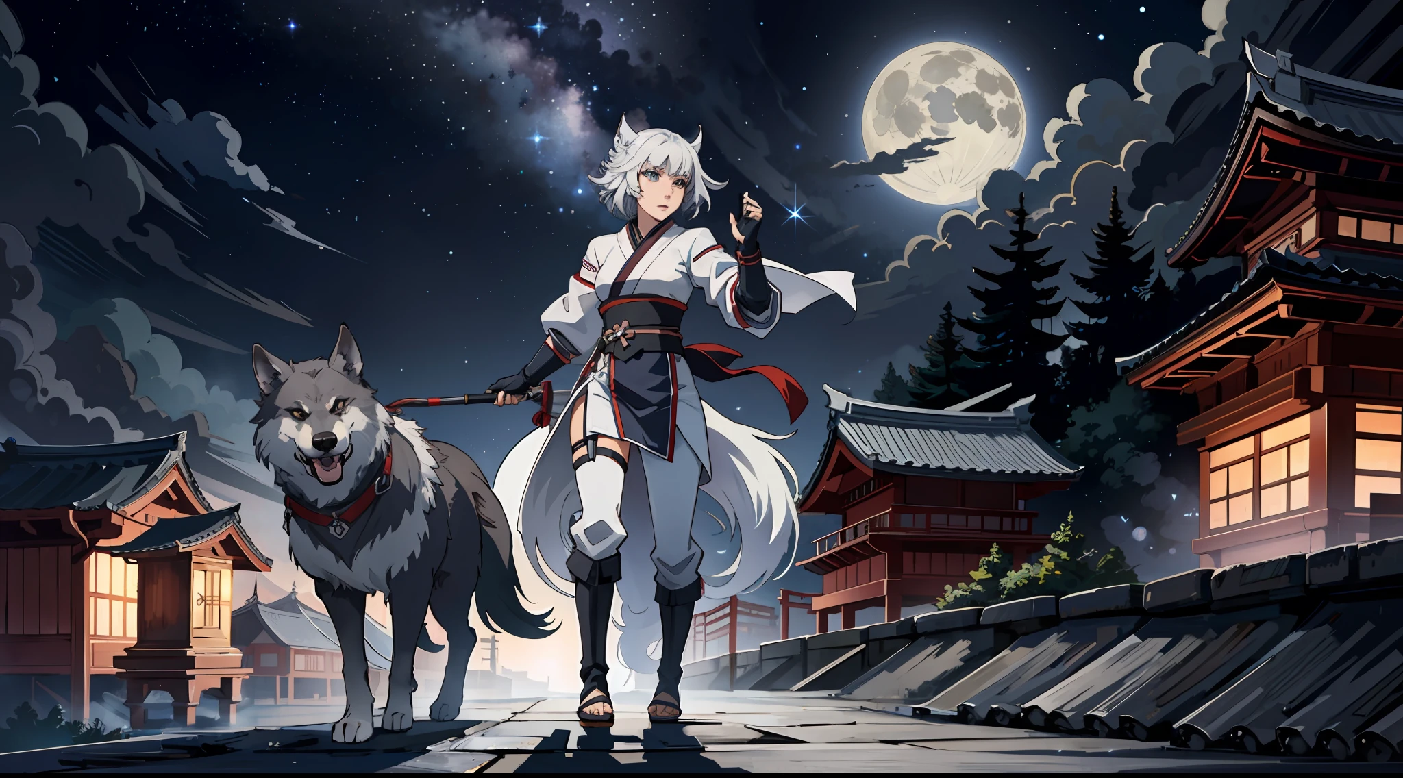 a skilled white ninja woman is walking on a Japanese castle roof silently with his gray wolf dog companion, 1 ninja woman, 1 gray wolf dog Night, Clear sky, Stars, full moon, high-resolution, ultra definition, masterpiece, 8k, intricate details, volumetric lighting, compositing dynamic, 2D anime style