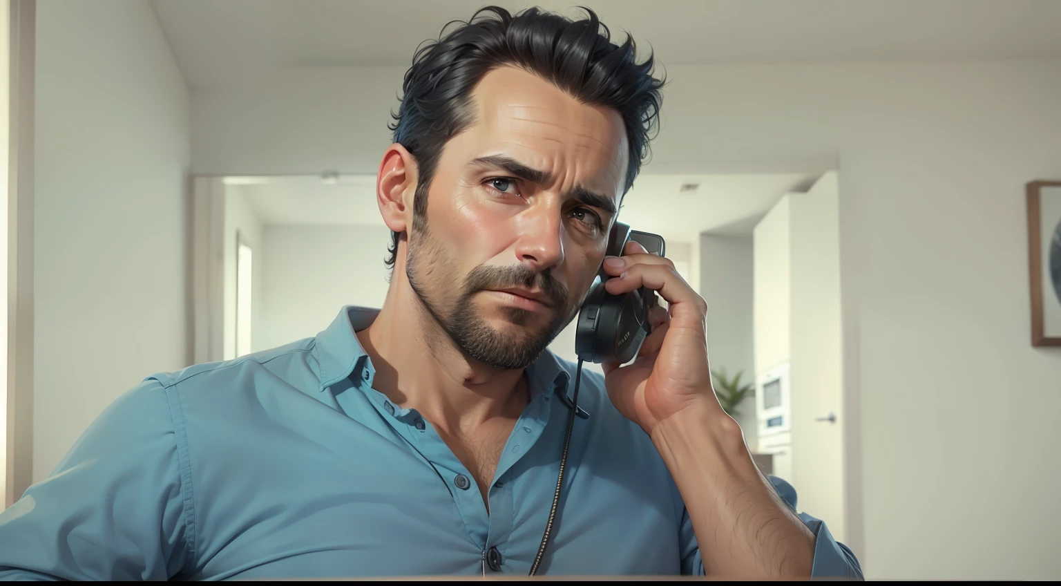 ultra realistic, 8k image of a 37 year old man, short black hair, dressed in a blue blouse, talking on the phone, serious expression, in a simple apartment