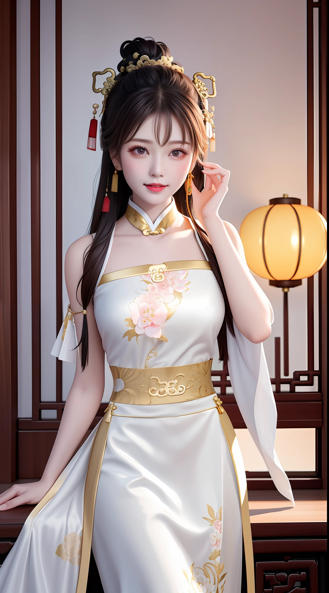 Need,tmasterpiece,A high resolution,1girll,Blushlush,(Seductive smile:0.8),starpupil,Chinese shoulder suction red Hanfu,hair adornments,choker necklace,trinkets,beautfully face,On_Body,Tindal effect,Lifelike,Shadow room,Light edges,Two-tone lighting,(highdetailskin:1.2),8K, Ultra HD,Slr,softlighting,high high quality,Volumetriclighting,Candid camera,photore,A high resolution,4K,8K,Antique bust photo in the background: A girl about 22 years old,Perfectcomposition,Precise and perfect human anatomy,Golden ratio creation,Surreal and realistic。Detailed skin details,White skin of the,shiny skin,Creamy glowing skin,Skin that is white and red。Exquisite depiction of facial features,Perfect makeup,Detailed depiction of the face,Clean and flawless face。A sweet smile,Smile without showing your teeth。Extremely detailed depiction of hair,Long black hair,Hair coiled,tying hair,High bun,The wind blew away the hair。Eyebrows upturned,long eyelasher,二重まぶた。Affectionate eyes,Big bright eyes,Sweet with lying silkworms。High nose bridge。Thin lips,Pink lip gloss,Straight teeth。Delicate collarbones。Delicate pendant,Ear ring。Perfect tall figure,Get it all together,Long legs and thin waist,Skinny beauty,Can't be too thin。Straight chest,medium boob。Keep your head up and your chest up,Look ahead,Face the lens,Stand。Ancient architectural background(((Chinese style new Chinese ink floral white dress,Gold lace))),half-body photo