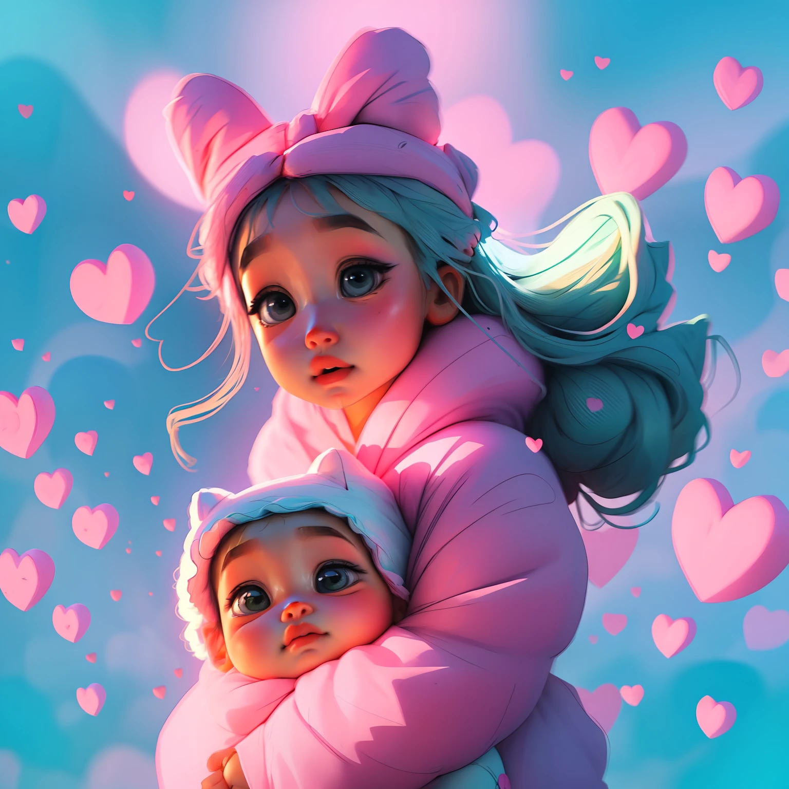 uma garota pequena,rosto bonito e kawaii. No estilo Ken Sugimori, rosa neon, cuddly baby, borboletas iluminadas, pink and magical background, lindos vagalumes voando, Floating hearts, olhinhos brilhantes, cores rosa e azul pastel, docinhos , bobas
