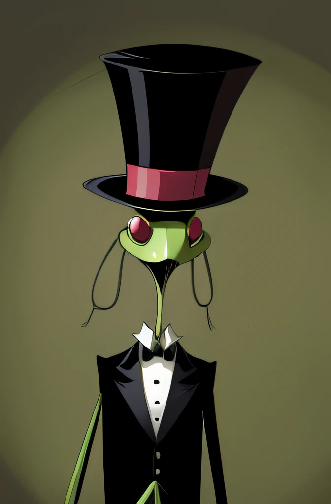 a praying mantis wearing top hat cartoon