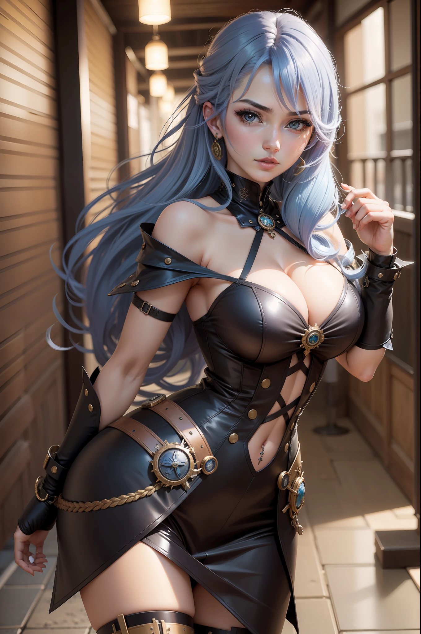 Mulher, Estilo Anime, Genshin Impact, Cabelos Azuis, Estilo Steampunk, usando martelo glacial, voando, pose de batalha