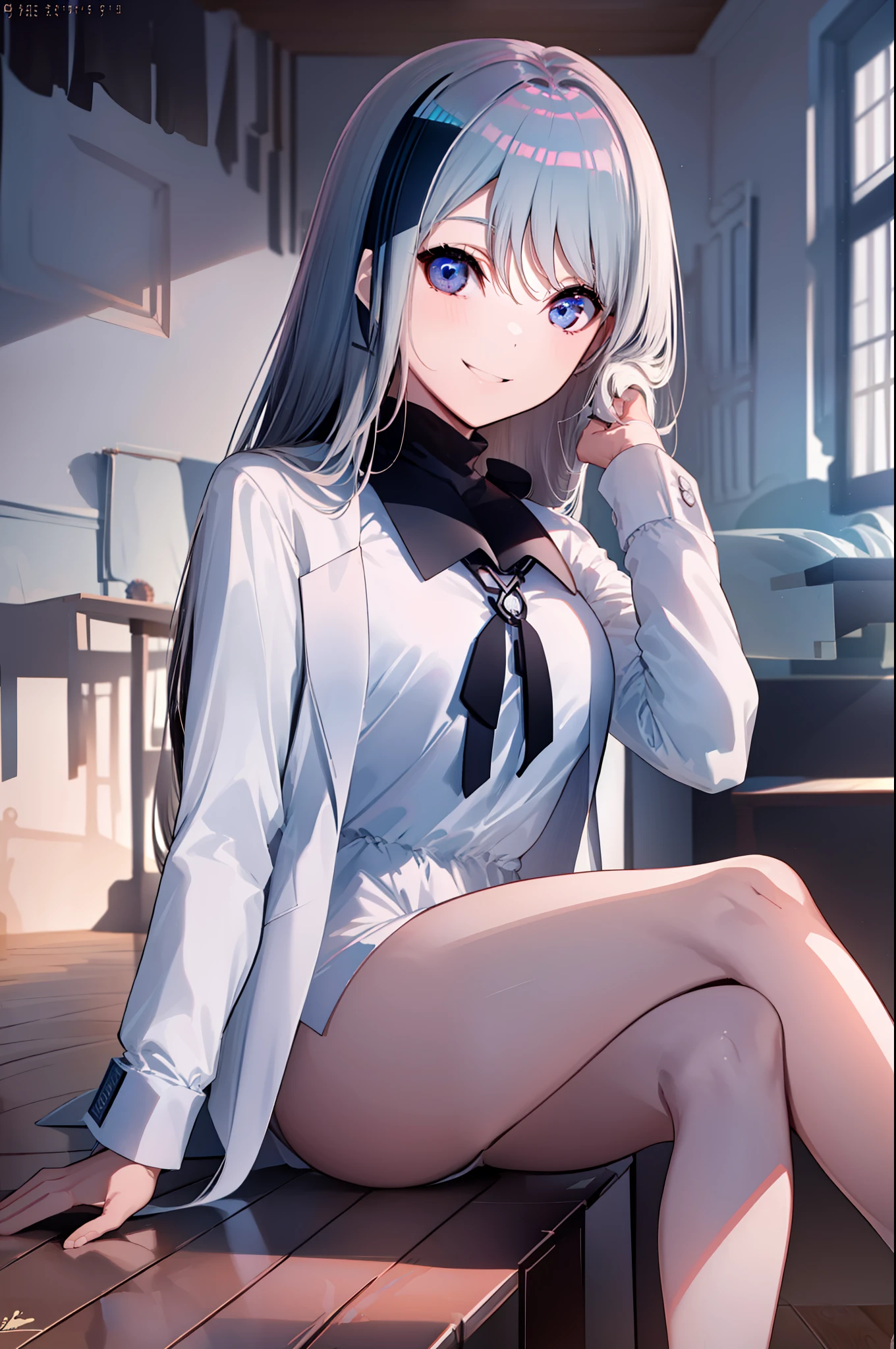 (((((obra-prima))))), (((((melhor qualidade))))), High, ((((1Kei)))), ((((((Ultra-detailed blue hands and eyes)))))), ((((1girl)))), ((Formoso)), ((((Meias pretas longas)))), ((((((((((She's sitting on a wooden chair inside a room.)))))))))), ((((((((((Sorriso sombrio feminino e cativante)))))))))), (((((charismatic))))), (((cabelo longo))), ((((sozinha)))), ((((((Uma garota com cabelo grisalho longo e olhos azuis)))))), (((fita))), (((franja))), (((鎖骨))), ((((cabelo grisalho)))), (((faixa de cabelo preta))), (((neck ribbon))), (((cabelo entre os olhos))), ((((middlebreasts)))),((((There is only one person)))), ((((adolescente de 15 anos)))), (((female school uniform white shirt black jacket open jacket long black pants))), ((((((corpo completo anatomicamente correto)))))), ((((((((((pernas femininas normais cruzadas)))))))))), ((usa sapatos pretos)), ((Ela tem o rosto assustado e confuso)), ((Detailed full scenario)), ((mystery)), ((Tempo tenso)), Postura equilibrada, blush sutil | |, Pingente de cristal BREAK golden hour, (Rim lighting): 1.2, tons quentes, Brilho solar, sombras suaves, cores vibrantes, painterly effect, dreamy atmosphere BREAK scenic lake, salgueiro, reflection, nuvens iluminadas pelo sol, Tranquil setting, idyllic sunset, Ultra Detalhado, Arte Oficial, Unity 8k papel de parede, Zentangle, mandala