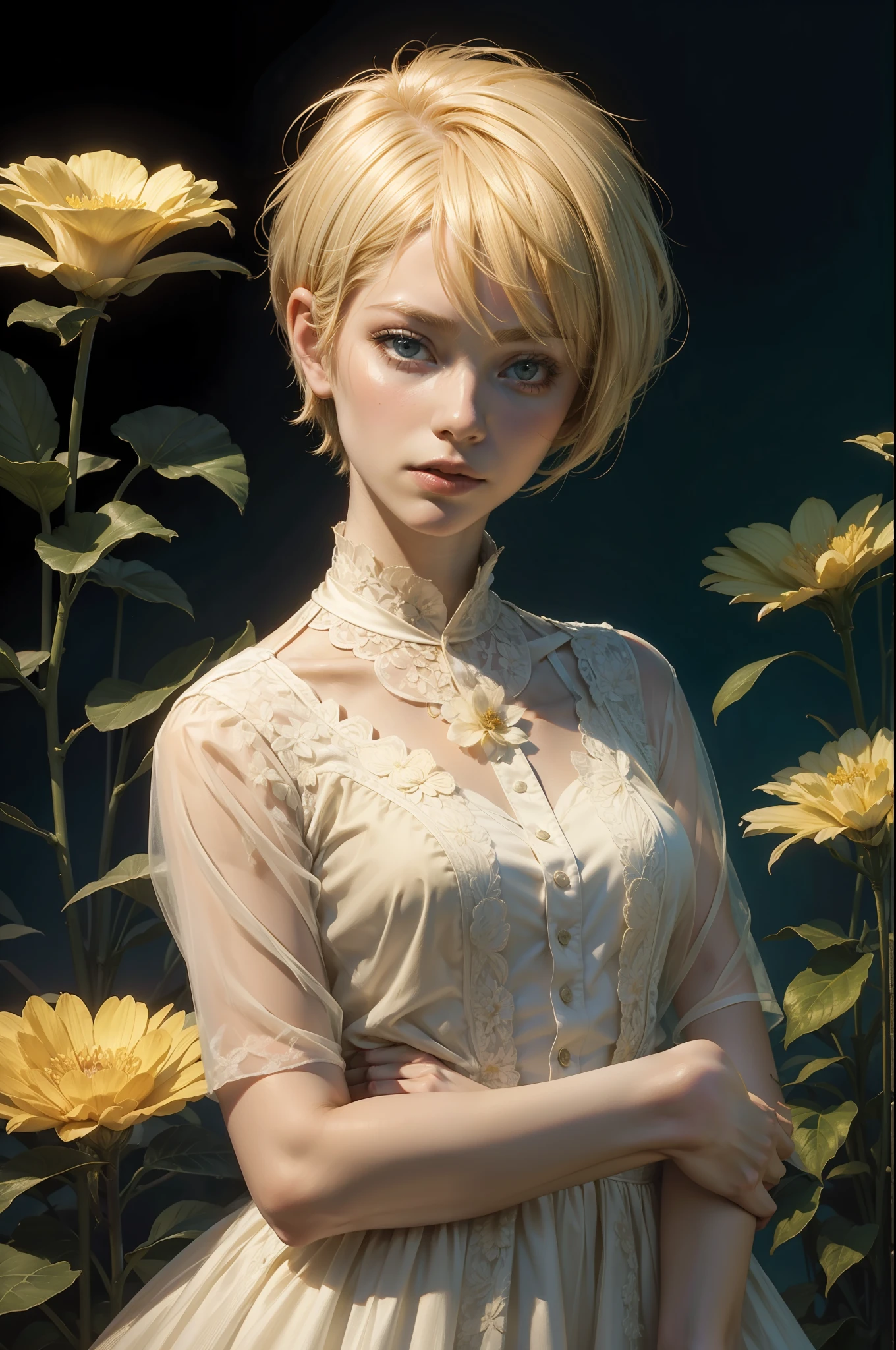 a portrait of a blonde woman ((short hair)) stand up, with a flower, sad, artwork Alastair Reynolds, androgynous, ((wearing a dress))