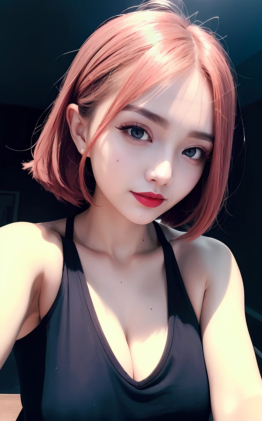 Best quality at best，超高分辨率，（真实感：1.4），（beuaty girl：1.4），（mediuml breasts：0.8），looking_at_viewer，Detailed  details，Beautiful detailed eyes，with pink hair，blue colored eyes，slim，haunting smile，（Makeup：0.3），Redlip，（ulzzang-6500-v1.1：0.3）