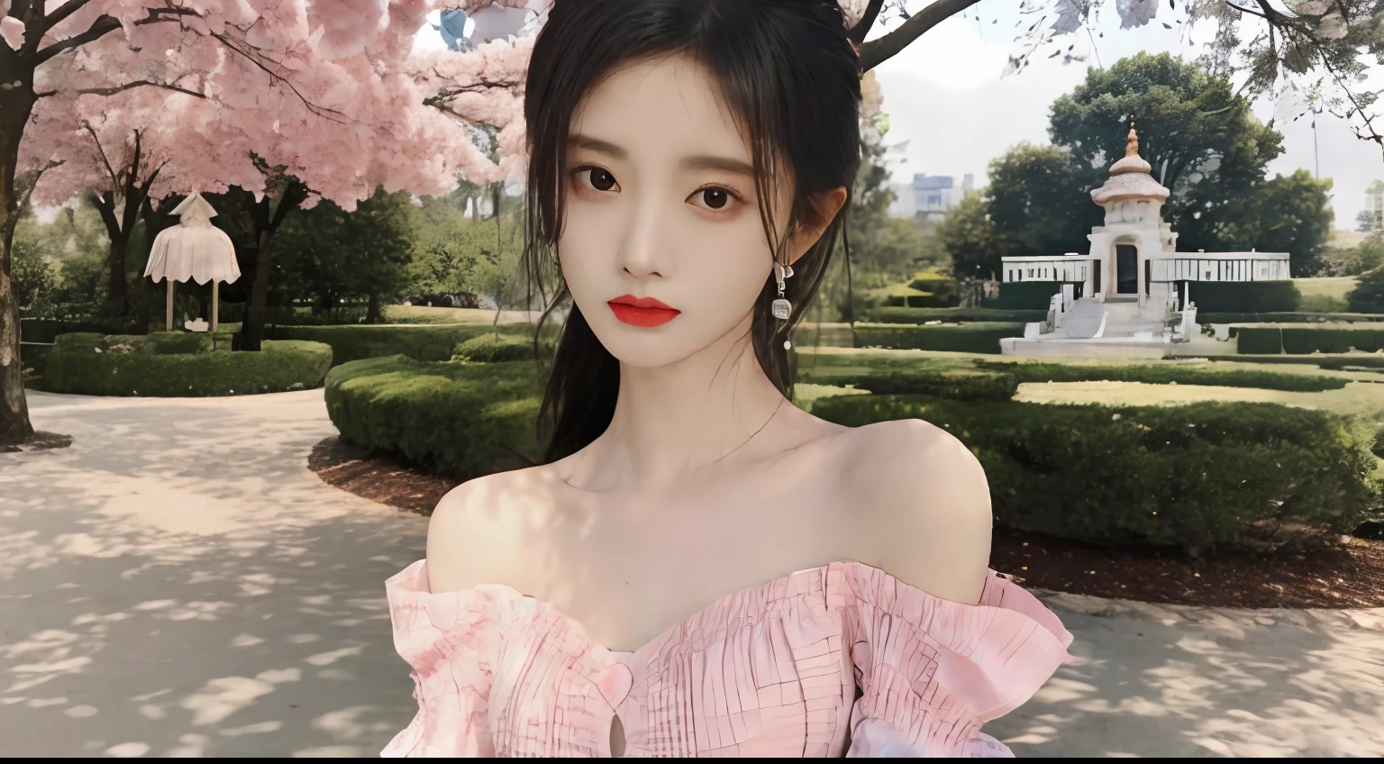 1 Fashion fashion beauty，gentle and charming Chinese beautiful woman，Korea（Kpop idol），delicate and sexy collarbones，charming oval face，二重まぶた，Ingenious[peaches]flower eyes，redish pink lips，small-nose，exposed bare shoulders，focus at face，closeup of face，hyper HD，Hyper-detailing，（baggy）），The white off-the-shoulder shirt echoes perfectly with the light gray short gauze skirt， （chest cut out）。（（black in color）lace panty）， Fresh and impressive， natural color（mediuml breasts：1.25）， （NSFW：1.2），（（Yang Mi faced）），sitting in park，（Under the wishing tree），Wish，（1个Giant Breast Girl），（full bodyesbian）