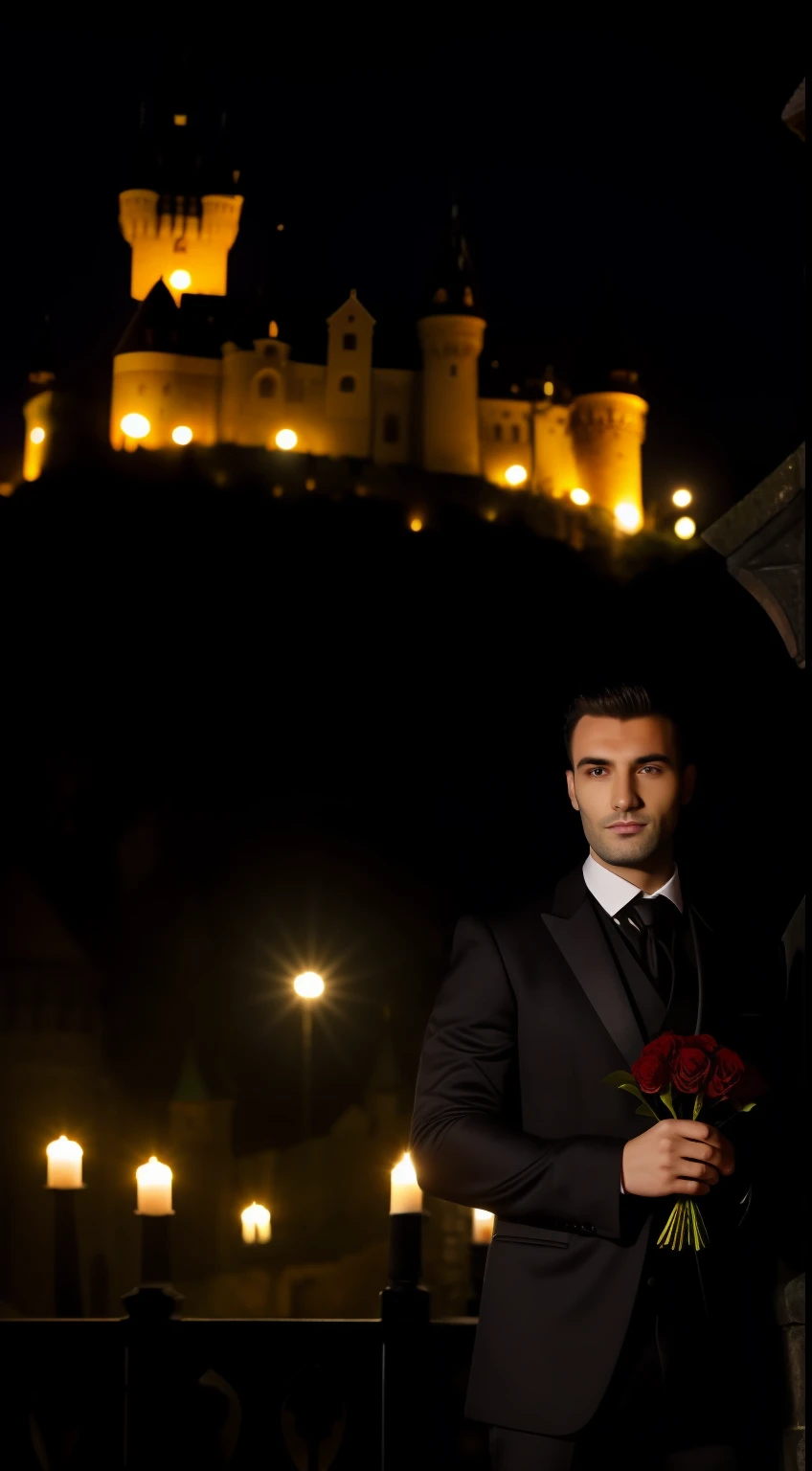 Beautiful young man with a bouquet of black roses against the background of Dracula's castle at night in Transylvania.