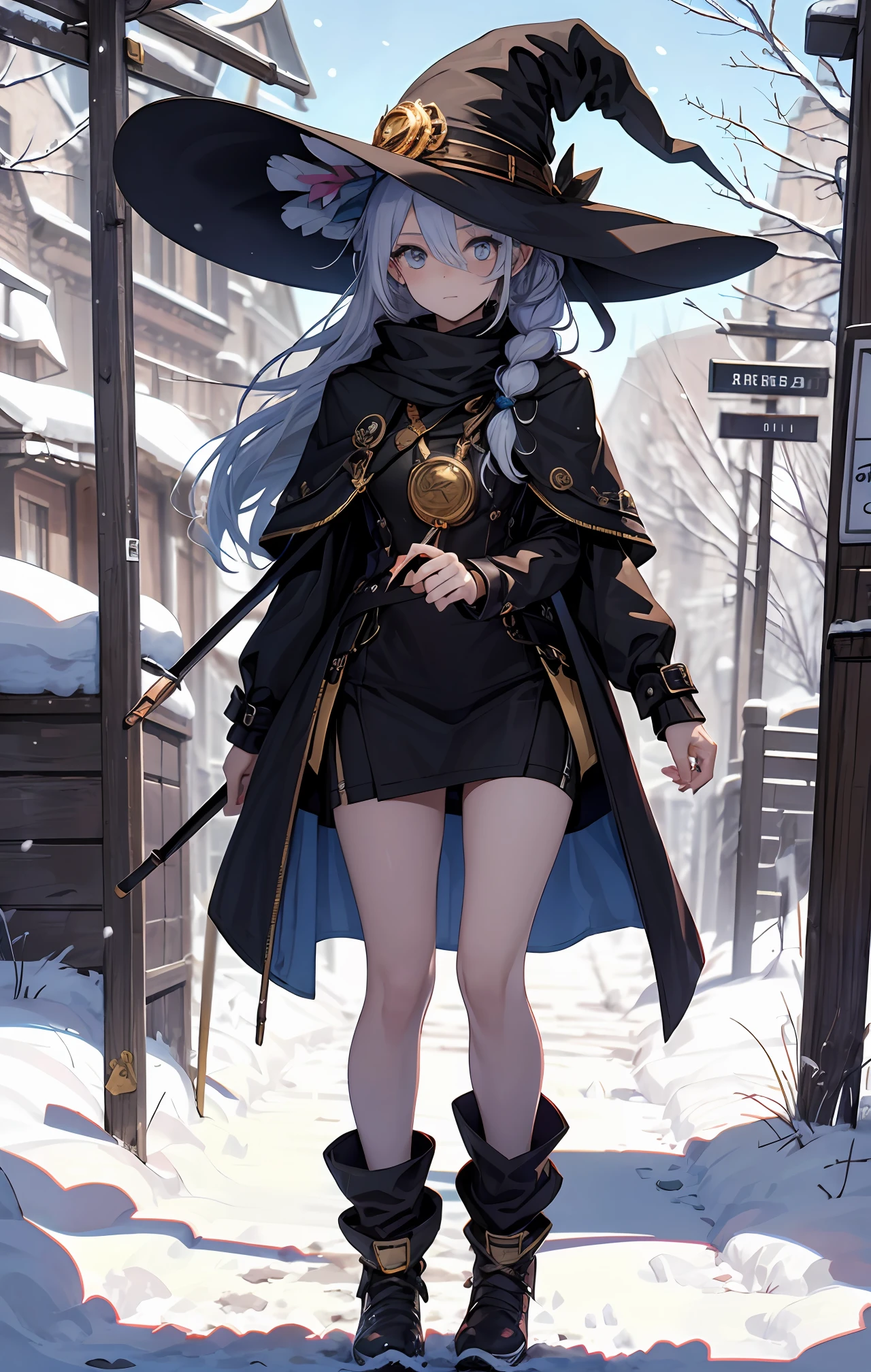best qualityer,tmasterpiece,Ultimate resolution,downy,Extremely colorful,Colorful,The Witch,Long silver-blue hair,hair-bun,a matural female,Witch long-distance running,Magic Hat,Golden Hoop Stick,snow country,Lost snow,Normal posture