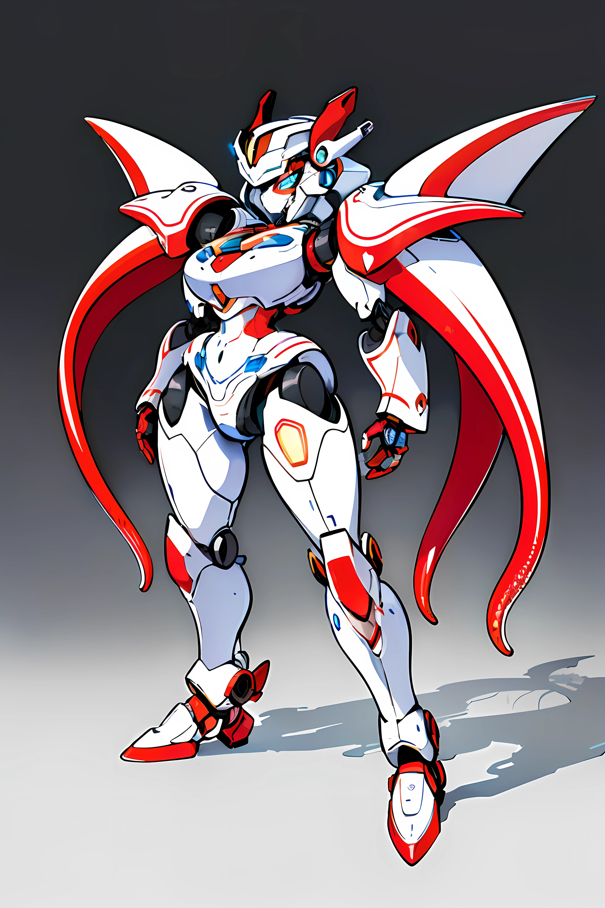 ((anime masterpiece)), a (robot:1.6) with sleek and menacing design, glowing eyes, long hair, asymmetric body, highly detailed, 1girl, love, cute, neon, (female figure (chest: 2.0)) Closed room, a bikini mecha armor with intoxicating curves, enchanting charm, and plump chest, with a high degree of anthropomorphism, the armored body is composed of a human body wearing a white tight one-piece leather suit, the armor color is white, the surface of the body is decorated with random symmetrical blue gemstones, the skin of the character's face is mechanized into white mechanical skin, the whole body of the mecha is parasitized by red mechanized octopus tentacles, the tentacles and the host body are perfectly integrated, the tentacles and the host organs are perfectly integrated, The armored whole body has obvious tentacle characteristics, the white tight one-piece leather clothing on the surface of the armored body is replaced by a black corset formed by parasitic tentacles, revealing the chest, the lower abdomen is exposed, 4 red-white mechanized tentacles neon growing arms, there are flying small flying robots next to it, only one armor is rendered, and there is no other armor in the picture