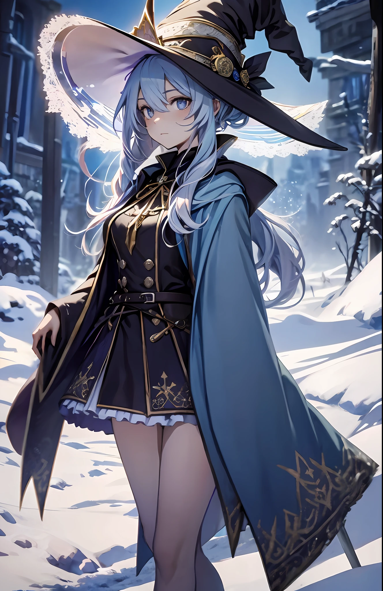 best qualityer,tmasterpiece,Ultimate resolution,downy,Extremely colorful,Colorful,The Witch,Long silver-blue hair,hair-bun,a matural female,Witch robes,Magic Hat,sceptre,snow country,Lost snow,Normal posture