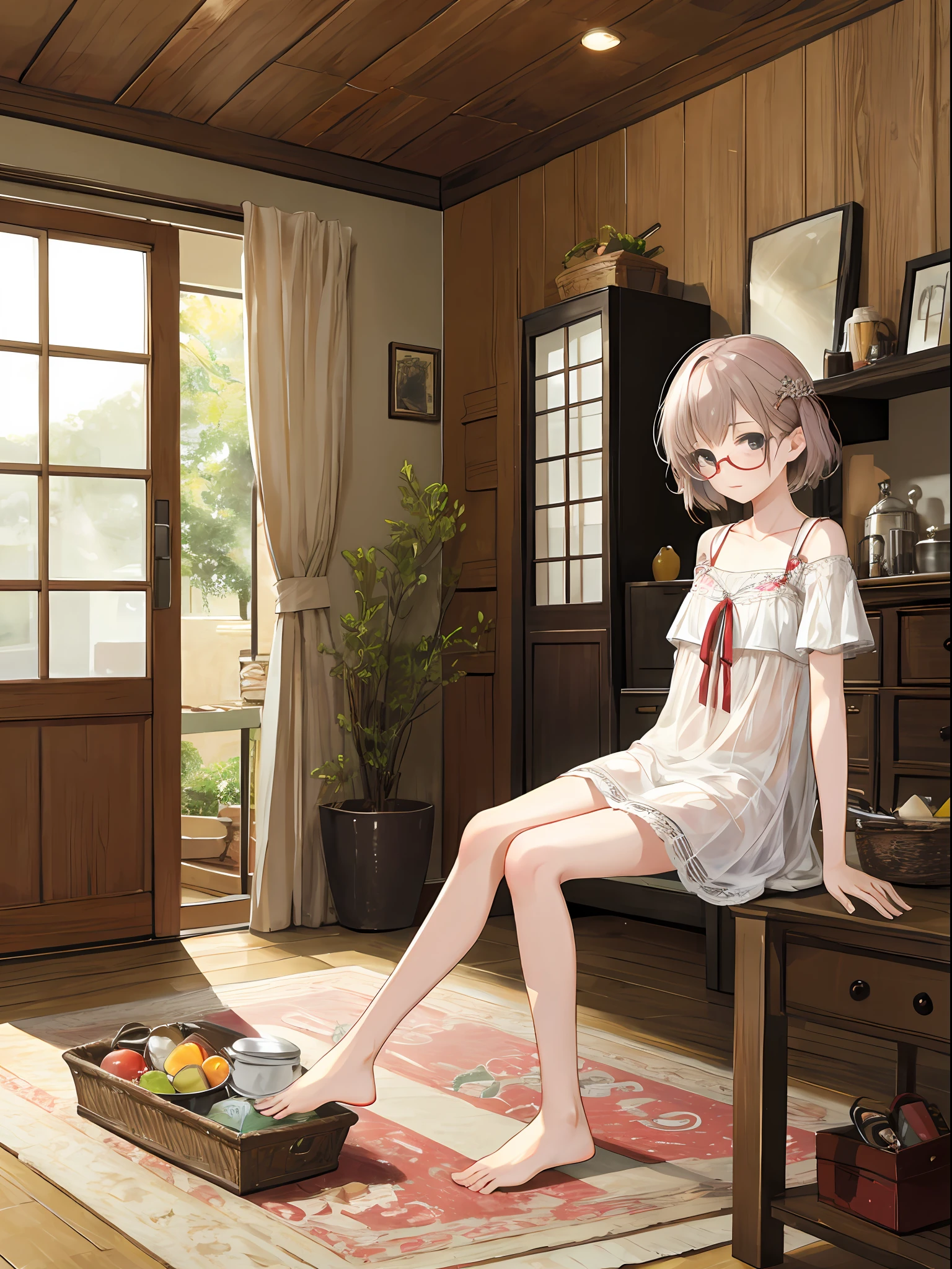 Full body photo of beautiful ite sexy woman wearing round glasses、Summer clothes、vila、country、in a house、Playful、greedy