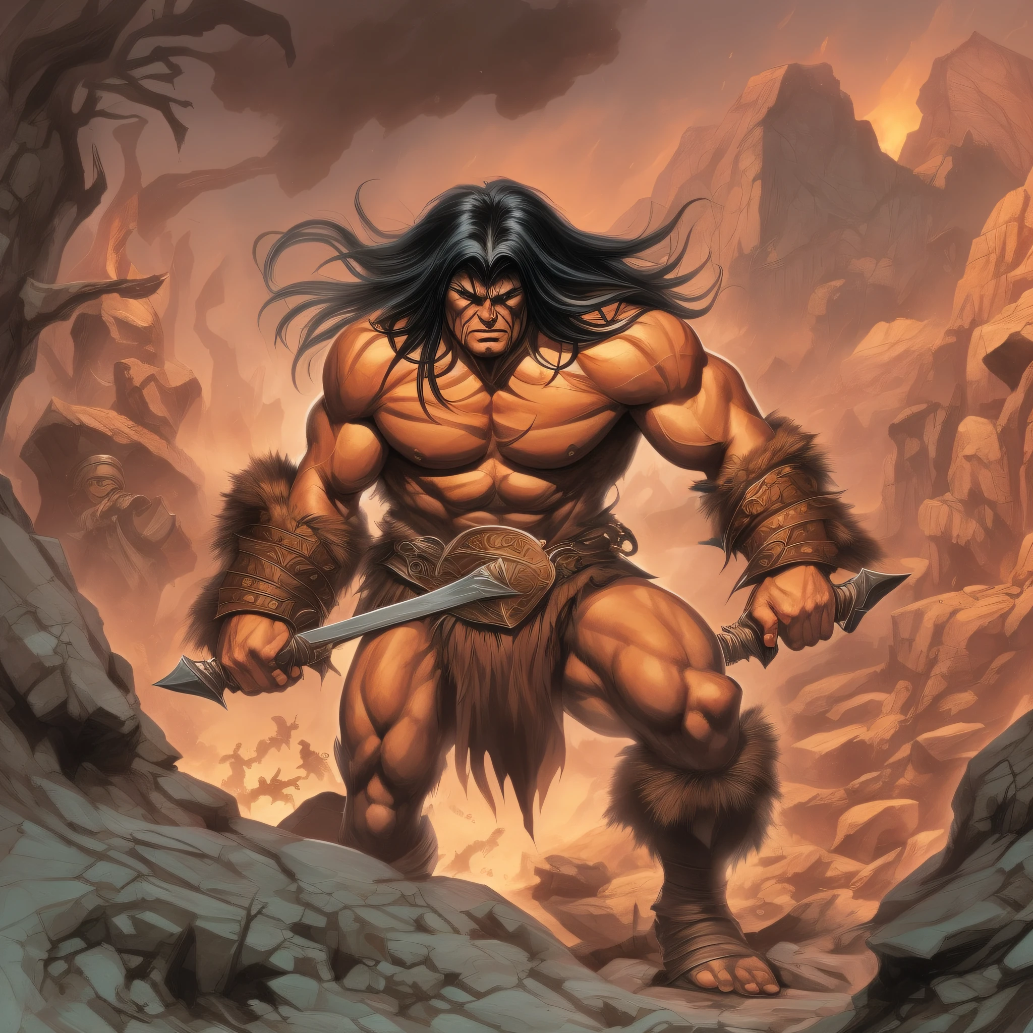 Prepare-se para ser transportado para o mundo de Conan, the Barbarian, in an epic and imposing illustration, fielmente inspirada no trabalho de John Buscema. Na imagem, Conan is portrayed in all his glory, pronto para enfrentar qualquer desafio que a vida ou a batalha possam lhe apresentar.
The illustration perfectly captures Conan's imposing presence, with his powerful muscles and confident posture. His determined and wild gaze conveys his inner strength and his fearless nature.
Ao fundo, we have a setting that evokes the brutal and unforgiving atmosphere of the Hyborian Age, with ancient ruins, a stormy sky and a wild and unpredictable landscape. These elements add a touch of mystery and danger to the scene, reinforcing the essence of the world Conan lives in.
The carefully crafted lighting, creating dramatic shadows and highlights, ressalta cada detalhe da figura de Conan, From his muscles to the scars that testify to his past battles. Each stroke is meticulously executed, paying homage to John Buscema's signature style and capturing the essence of the character.
This illustration by Conan, the Barbarian, it's a true tribute to the work of John Buscema, capturing the essence of the character and immortalizing him in an impactful image. It is a faithful and powerful representation of the legendary warrior, which is sure to delight Conan fans and lovers of epic illustrations.