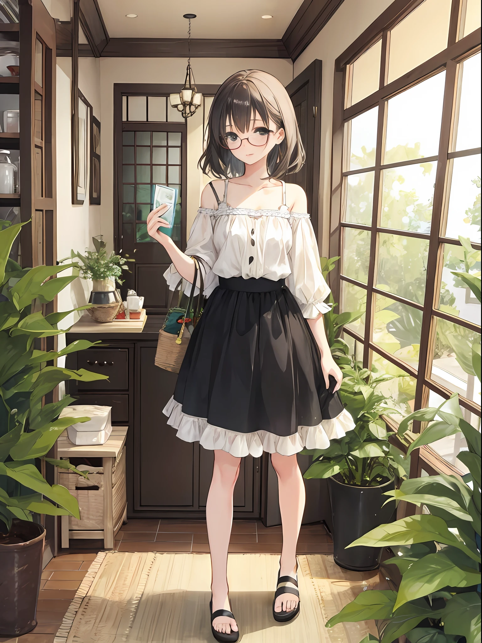 Full body photo of beautiful petite sexy woman wearing round glasses、Summer clothes、vila、country、in a house、Playful、greedy