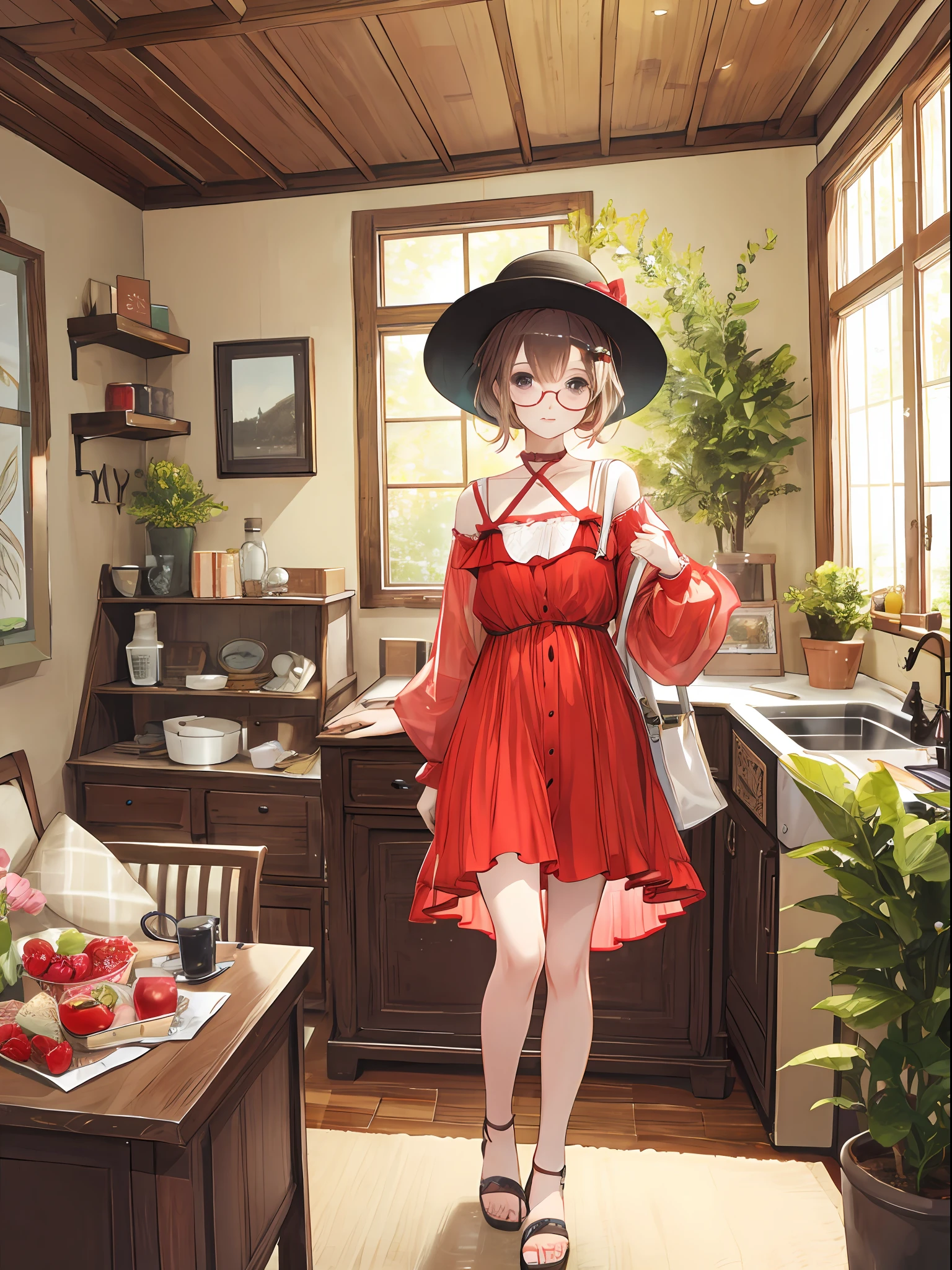 Full body photo of beautiful petite sexy woman wearing round glasses、Summer clothes、vila、country、in a house、Playful、greedy