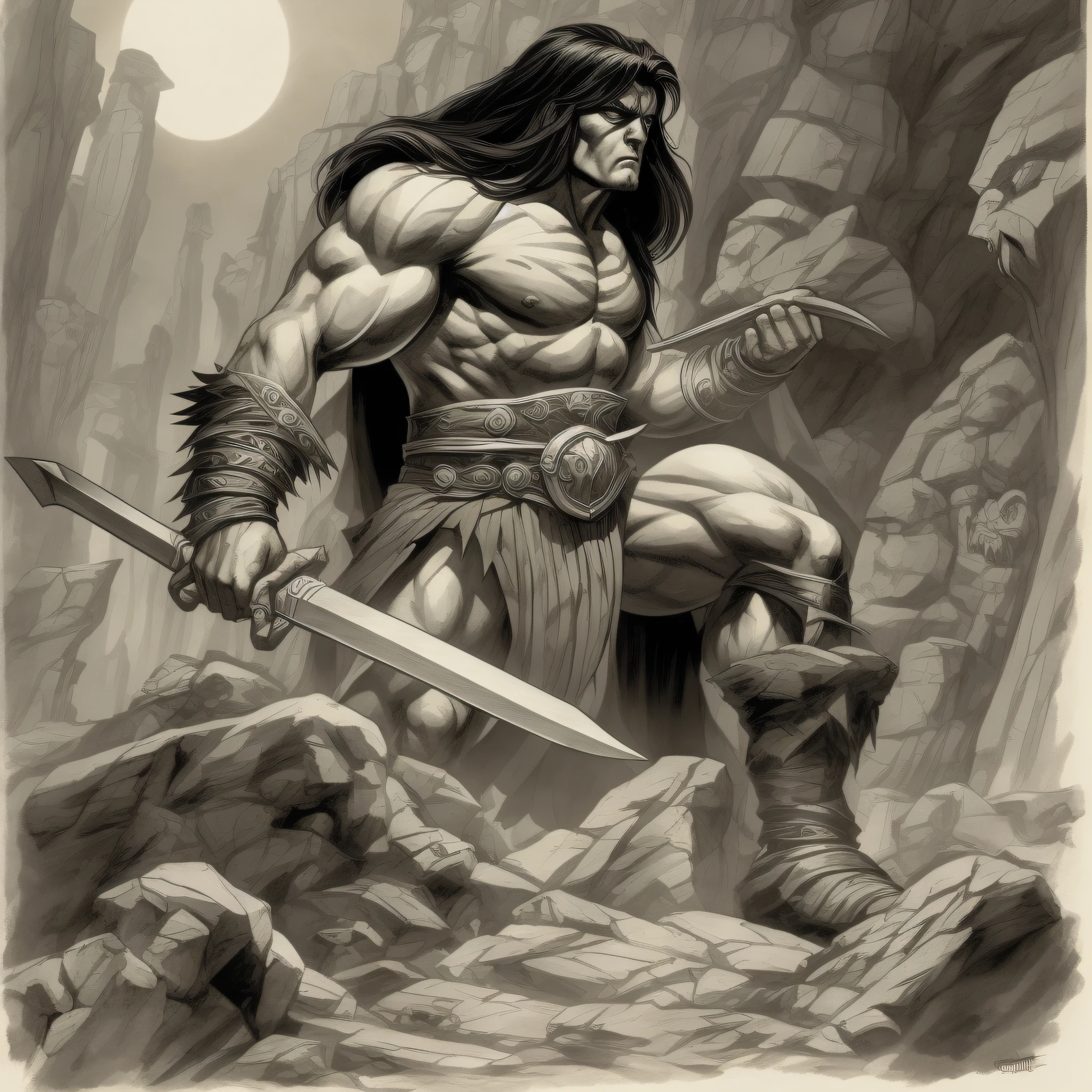 Prepare-se para ser transportado para o mundo de Conan, the Barbarian, in an epic and imposing illustration, fielmente inspirada no trabalho de John Buscema. Na imagem, Conan is portrayed in all his glory, pronto para enfrentar qualquer desafio que a vida ou a batalha possam lhe apresentar.
The illustration perfectly captures Conan's imposing presence, with your powerful muscles and confident posture. His determined and wild gaze conveys his inner strength and his fearless nature.
Ao fundo, we have a setting that evokes the brutal and unforgiving atmosphere of the Hyborian Era, with ancient ruins, a stormy sky and a wild and unpredictable landscape. These elements add a touch of mystery and danger to the scene, reinforcing the essence of the world Conan lives in.
The carefully crafted lighting, creating dramatic shadows and highlights, ressalta cada detalhe da figura de Conan, From his muscles to the scars that bear witness to his past battles. Each blow is meticulously executed, paying homage to John Buscema's signature style and capturing the essence of the character.
This illustration by Conan, the Barbarian, it's a true homage to the work of John Buscema, capturing the essence of the character and immortalizing him in an impactful image. It is a faithful and powerful representation of the legendary warrior, which is sure to delight Conan fans and lovers of epic illustrations.