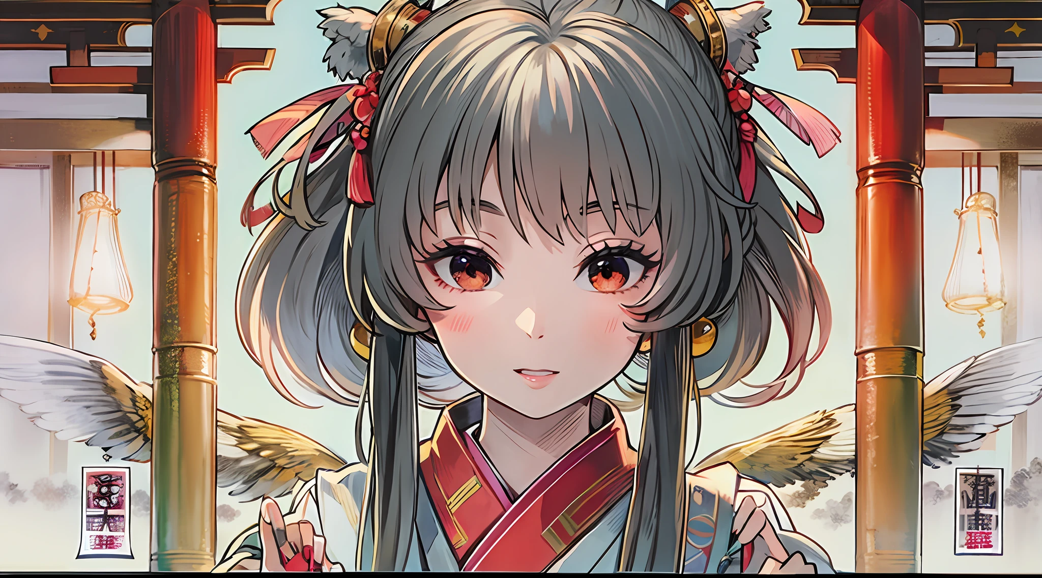 ​masterpiece, top-quality, 1girl in, IDCSMIU, The priestess spreads her hands wide to the sides　The upper part of the body　Japanese anime　White yukata　Haori Hakama ticker in red skirt、​masterpiece、top-quality、ighly detailed、extreme detail description、proffesional、Ultra-fine painting、chitanda_eru、beautidful eyes、a purple eye、length hair、shrine maiden clothe、long-sleeve、Hakama skirt、Add_detail　Shrine precincts　Hakamahaori HDR、​masterpiece、top-quality、ighly detailed、extreme detail description、proffesional、Ultra-fine painting、chitanda_eru、beautidful eyes、a purple eye、length hair、shrine maiden clothe、long-sleeve、Hakama skirt、Add_detail　Dancing with Kagura Bells