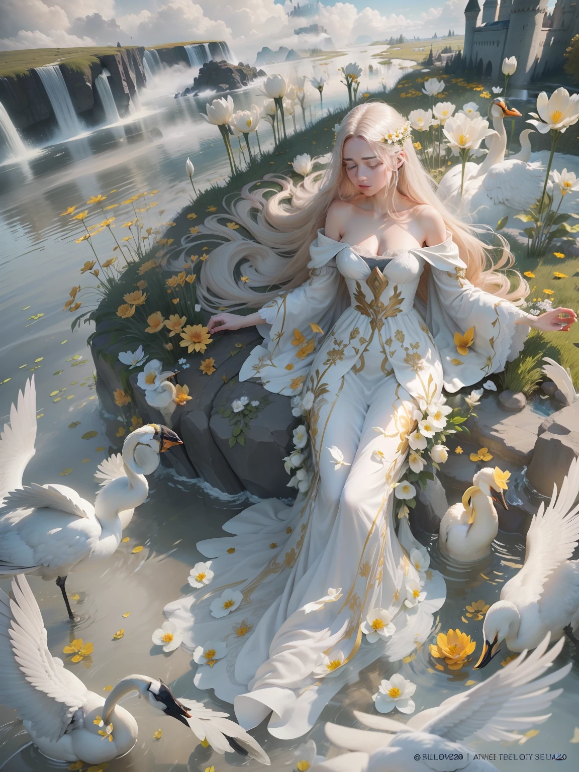 Flowers like castles from a golden spring tower over a beautiful Lady fare, in the spring of eternal sun she bathes her alabaster form and gazes to the sky, to a symphony of trumpeter swans the flay in the sunbeam shy of assure and cotton cloud A extreme 90 meters long shot octane render, high quality hyperdetailed 24k photorealistic