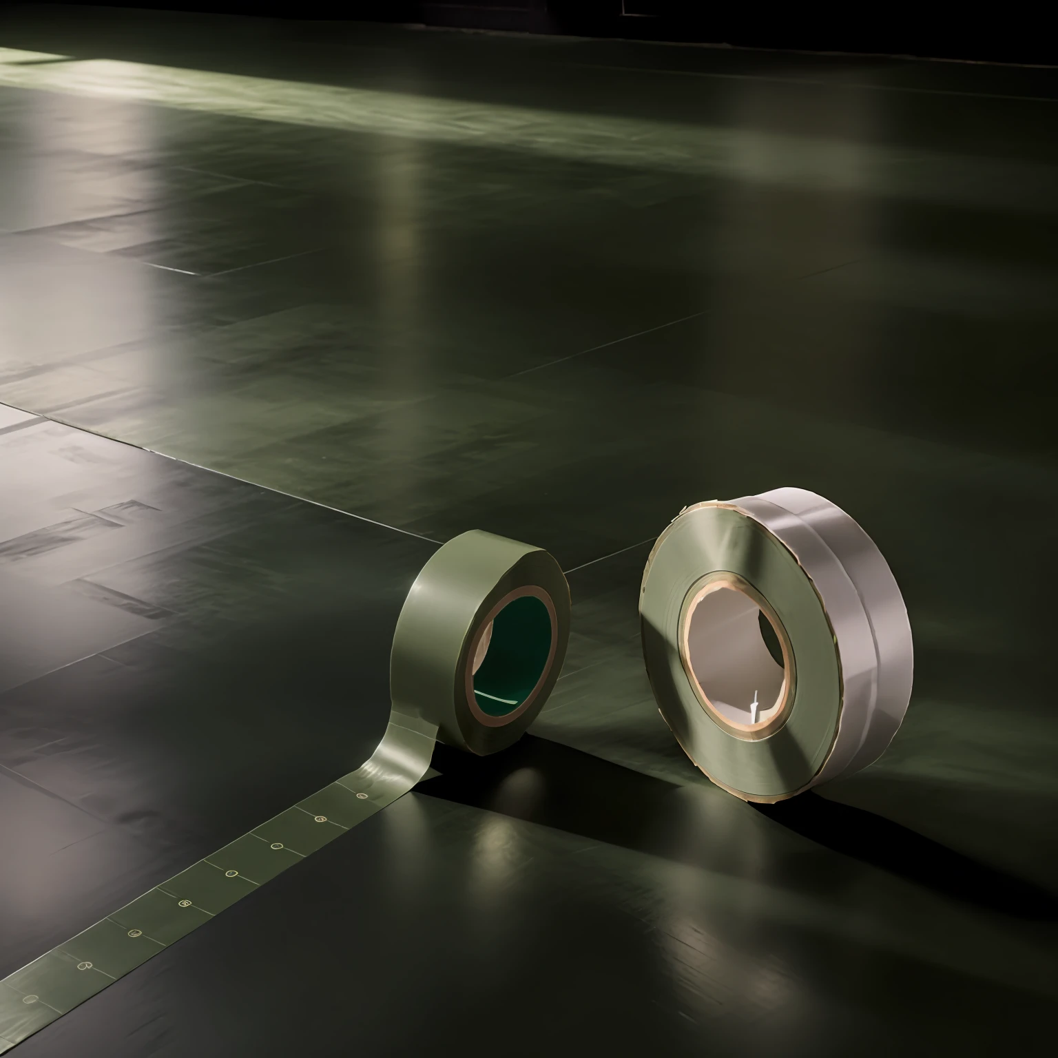 Best quality at best, Close-up of dark green tape usage scene ,Width 45mm,Length 30m,House renovation,Green floor protection film,stitching,Site layout,Floor decoration protection,Background of the real scene,